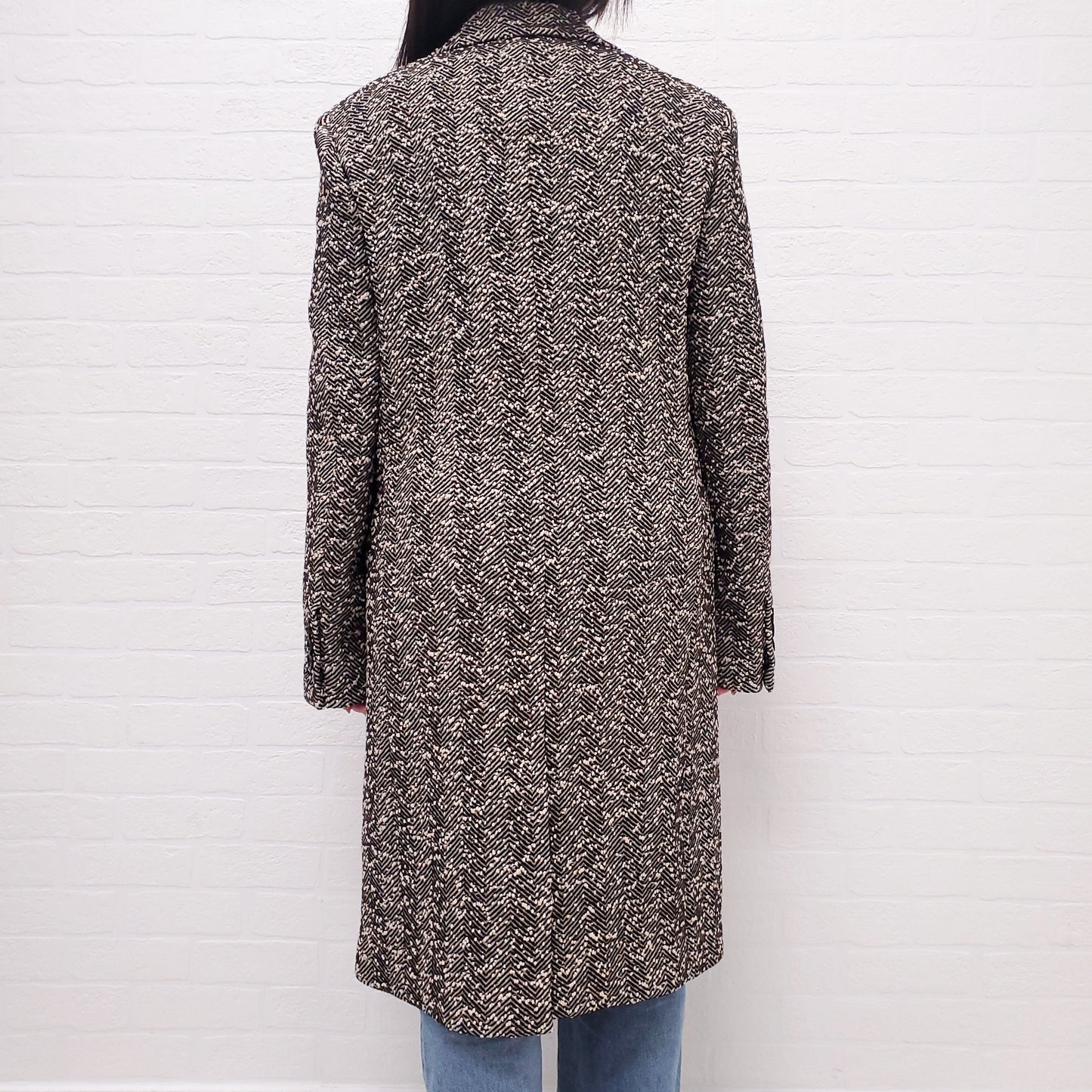 BOTTEGA VENETA BROWN HERRINGBONE LONG COAT WITH TRIANGLE POCKET - SIZE 38