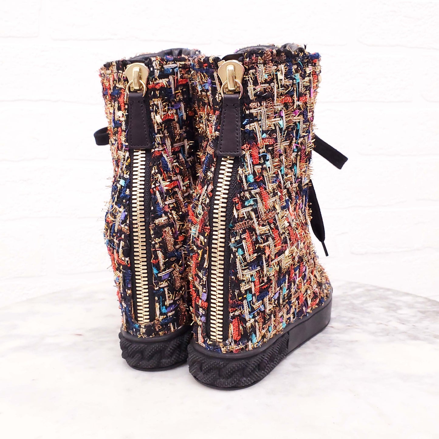 CASADEI MULTI-COLOUR TWEED WEDGE SNEAKERS WITH CHAIN DETAIL - SIZE 7