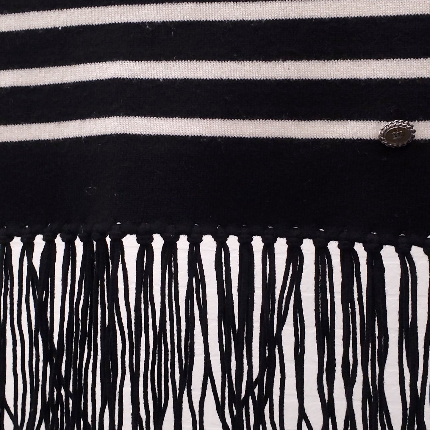 CHANEL BLACK AND WHITE STRIPED LOGO SCARF