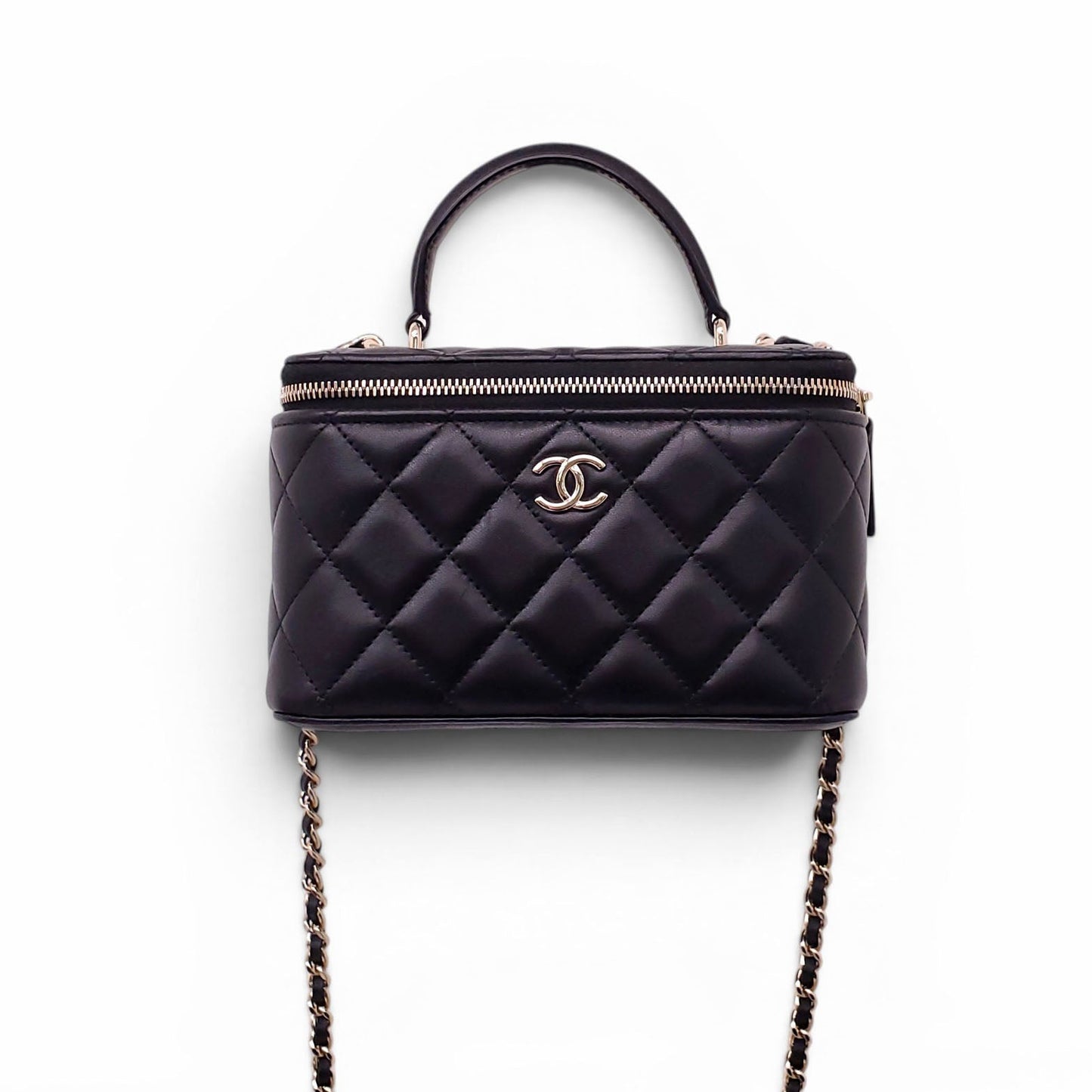 CHANEL BLACK LAMBSKIN QUILTED CC TOP HANDLE VANITY CASE CROSSBODY BAG