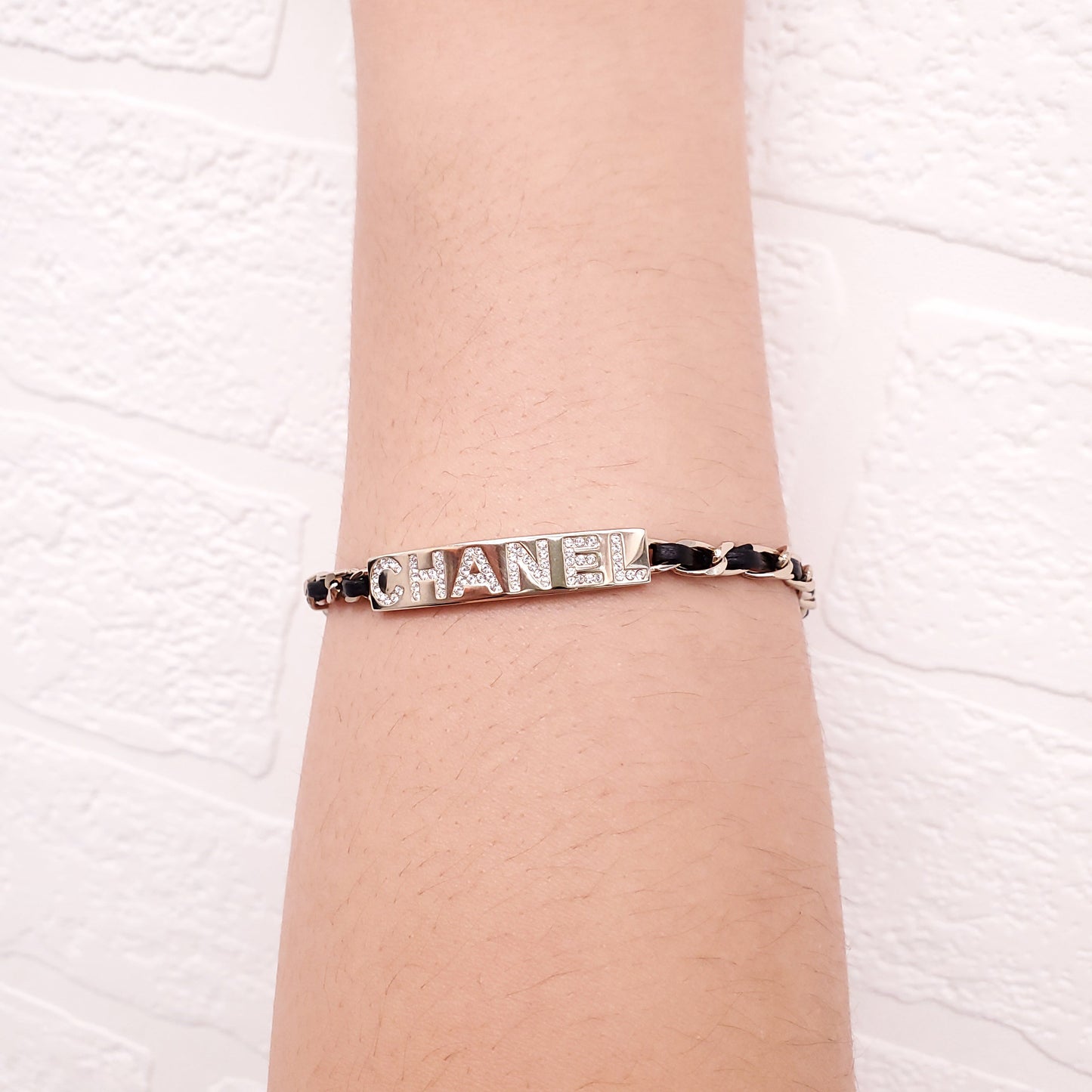 CHANEL BLACK LEATHER CHAIN LOGO ID BRACELET WITH CRYSTALS
