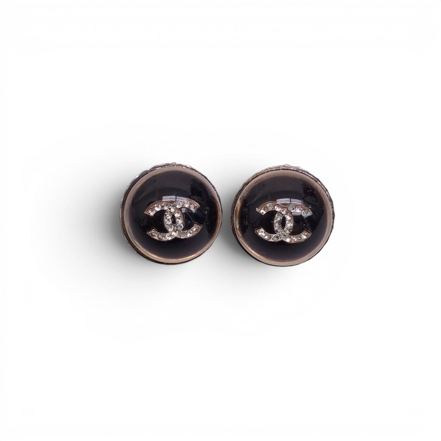 CHANEL BLACK RESIN CRYSTAL LOGO EARRINGS