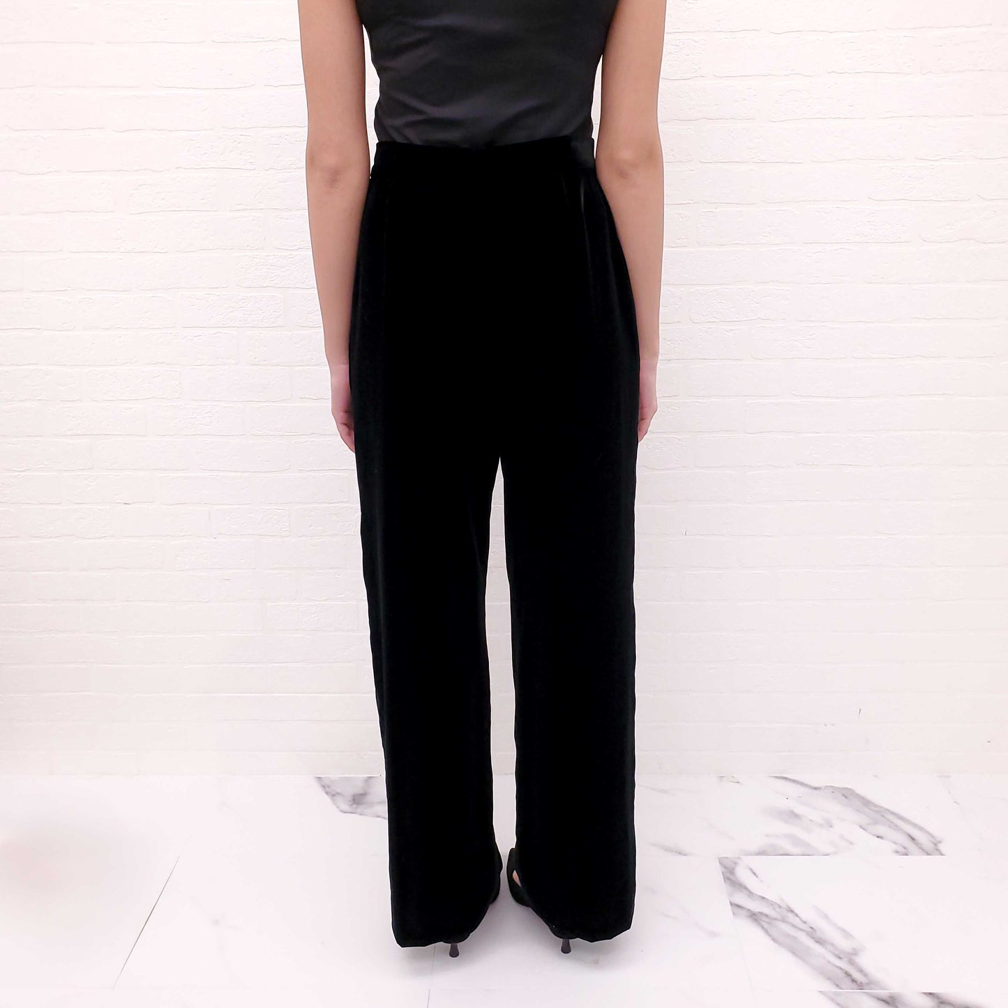 CHANEL BLACK VELVET TROUSERS WITH LOGO BUTTON - SIZE 42
