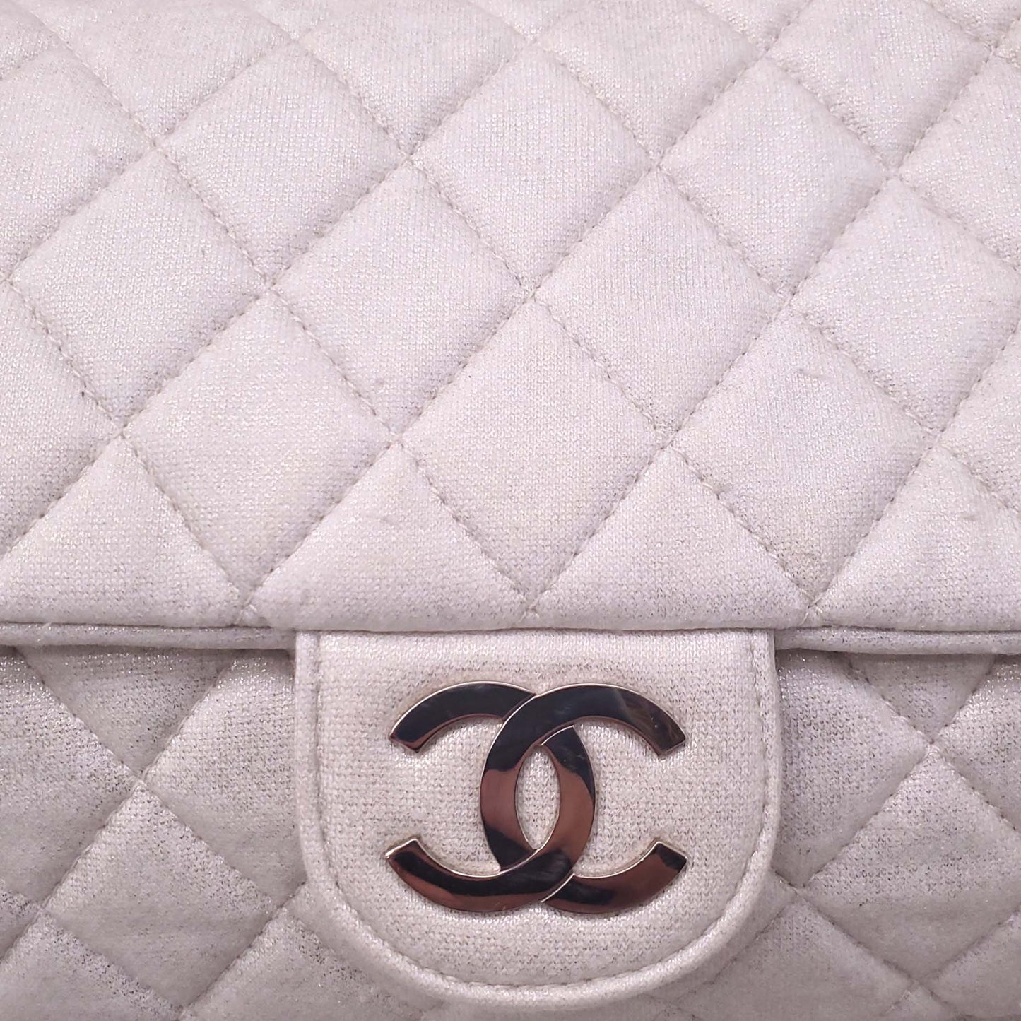 CHANEL CREAM SHIMMER QUILTED JERSEY CC FLAP BAG