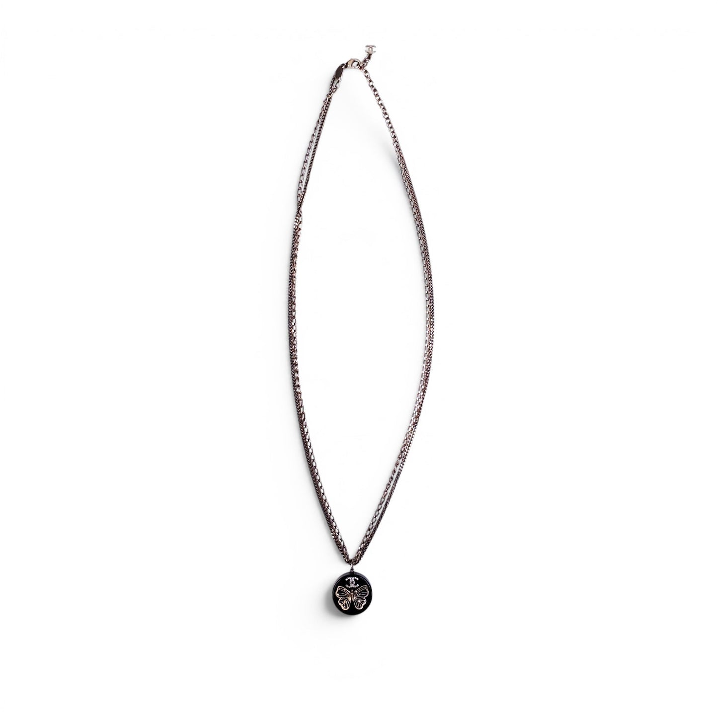CHANEL GOLD BUTTERFLY AND CRYSTAL LOGO ENAMEL NECKLACE