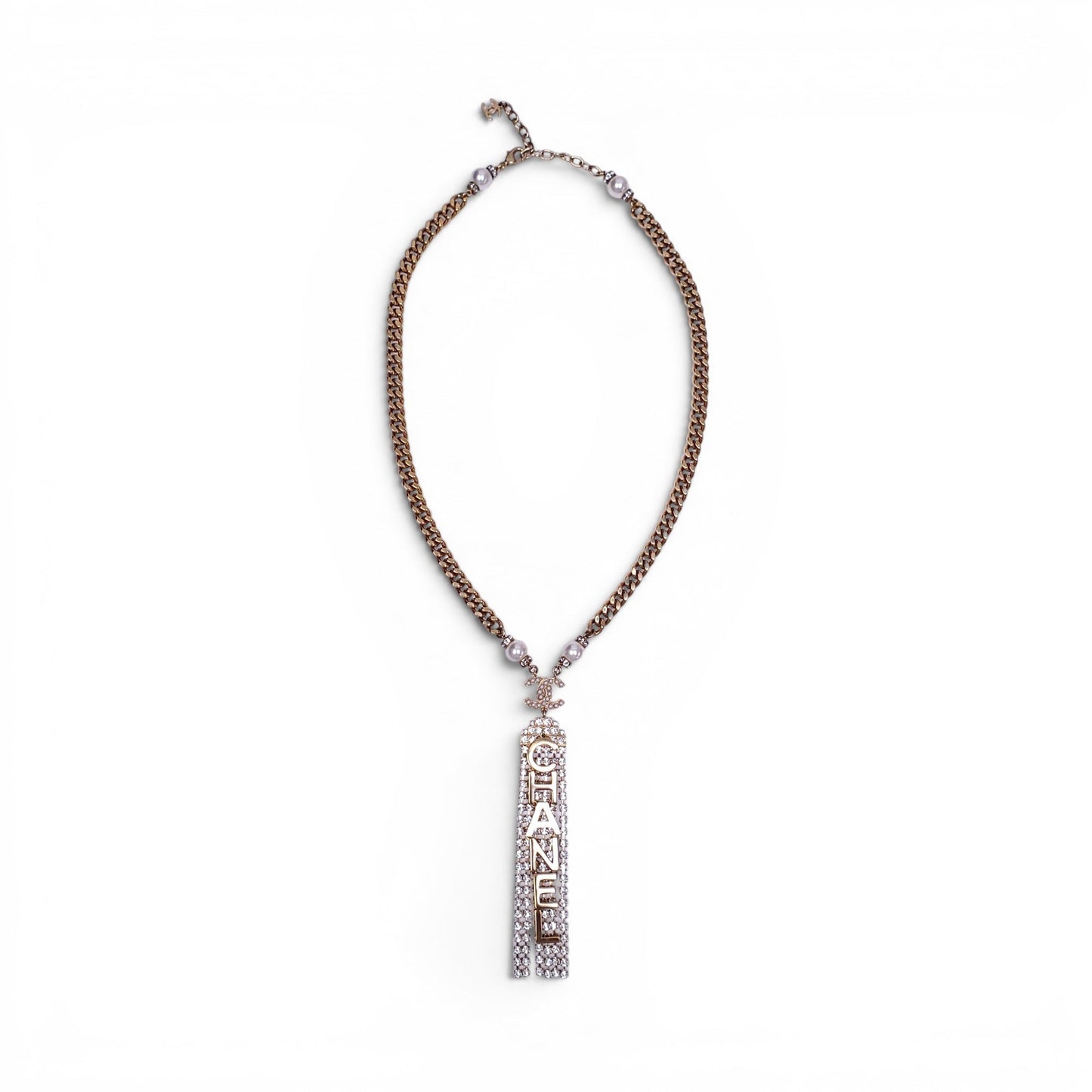 CHANEL GOLD CHAIN NECKLACE WITH DROP CRYSTALS AND LOGO