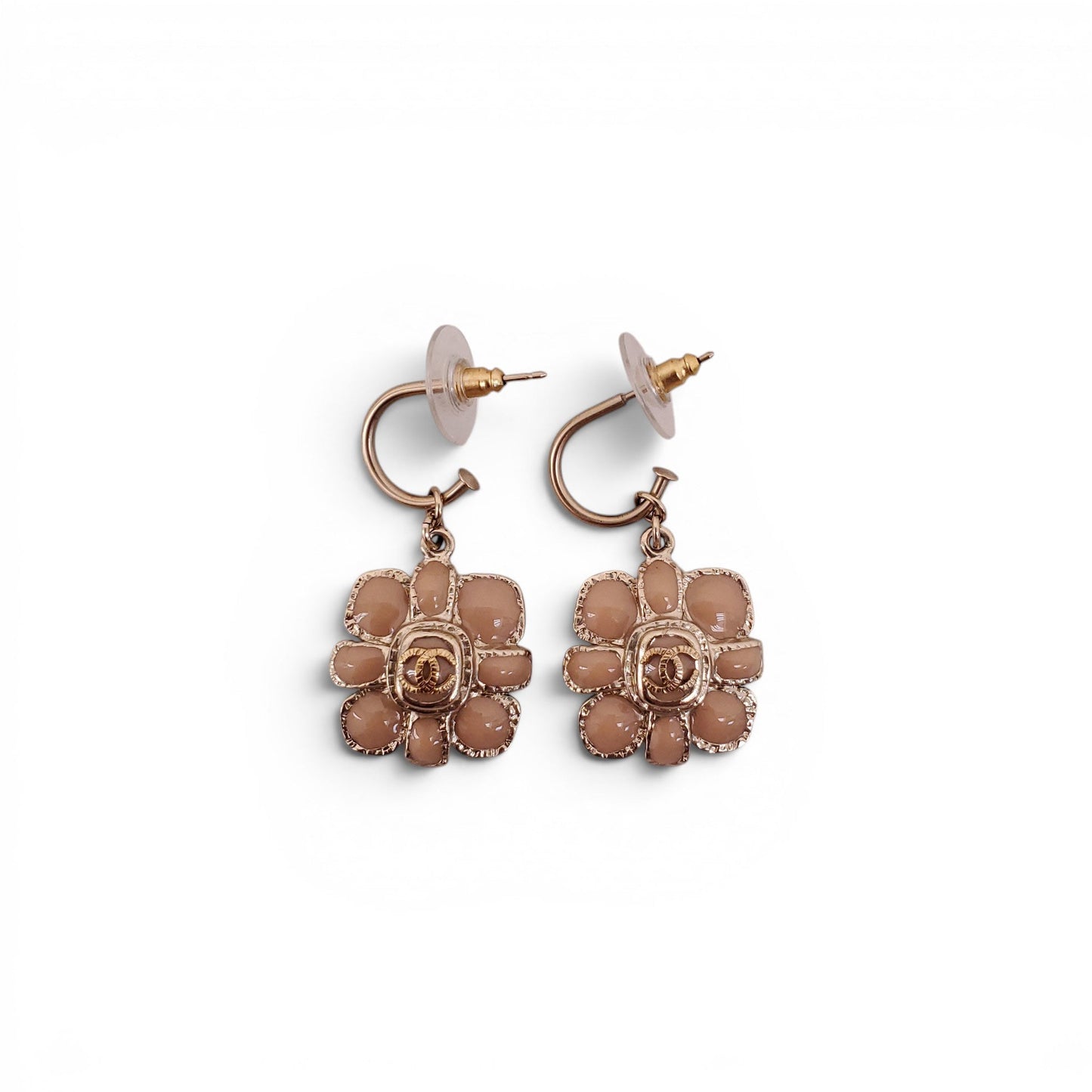 CHANEL NUDE ENAMEL FLORAL LOGO DROP EARRINGS