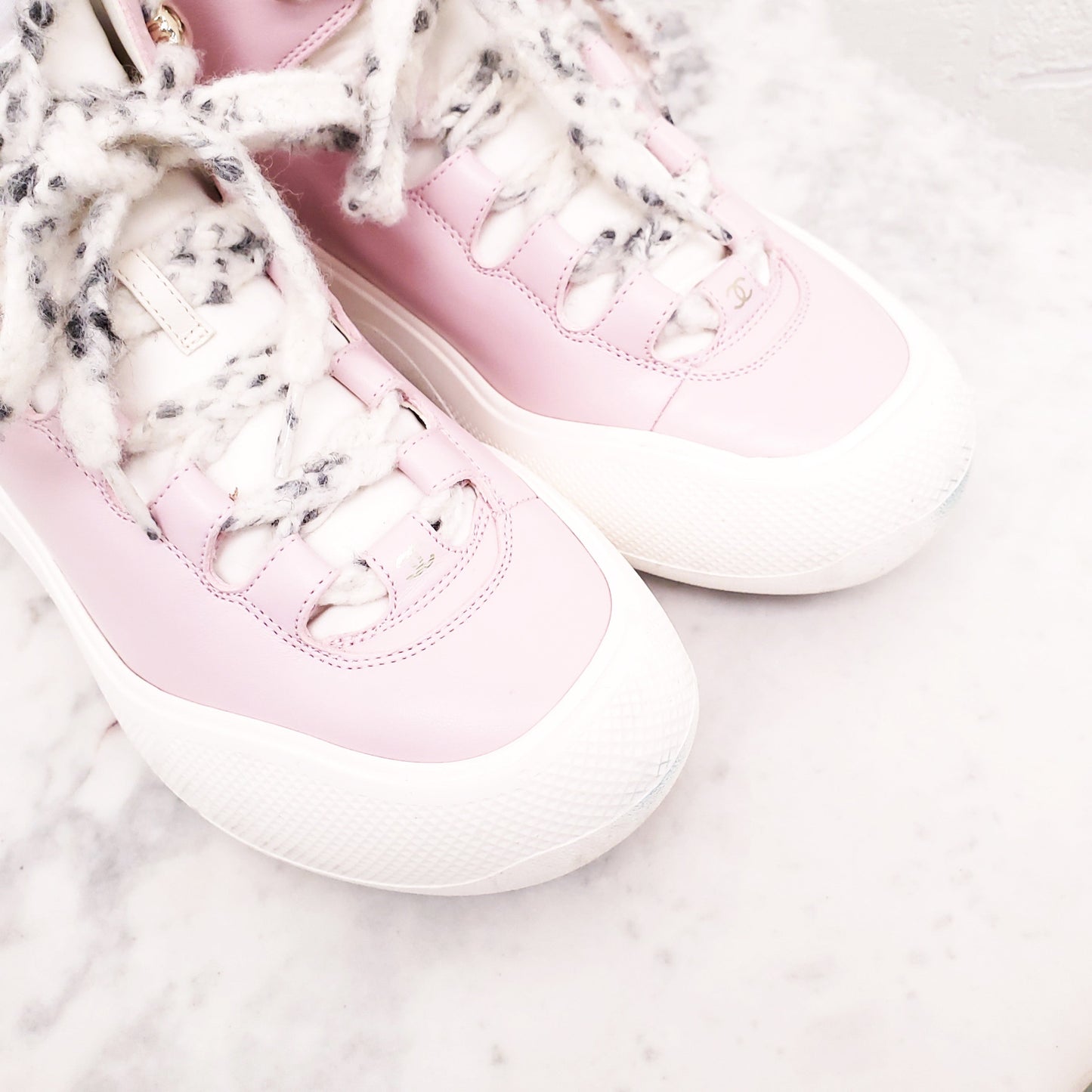 CHANEL PINK LEATHER LOGO BOOTS - SIZE 38.5