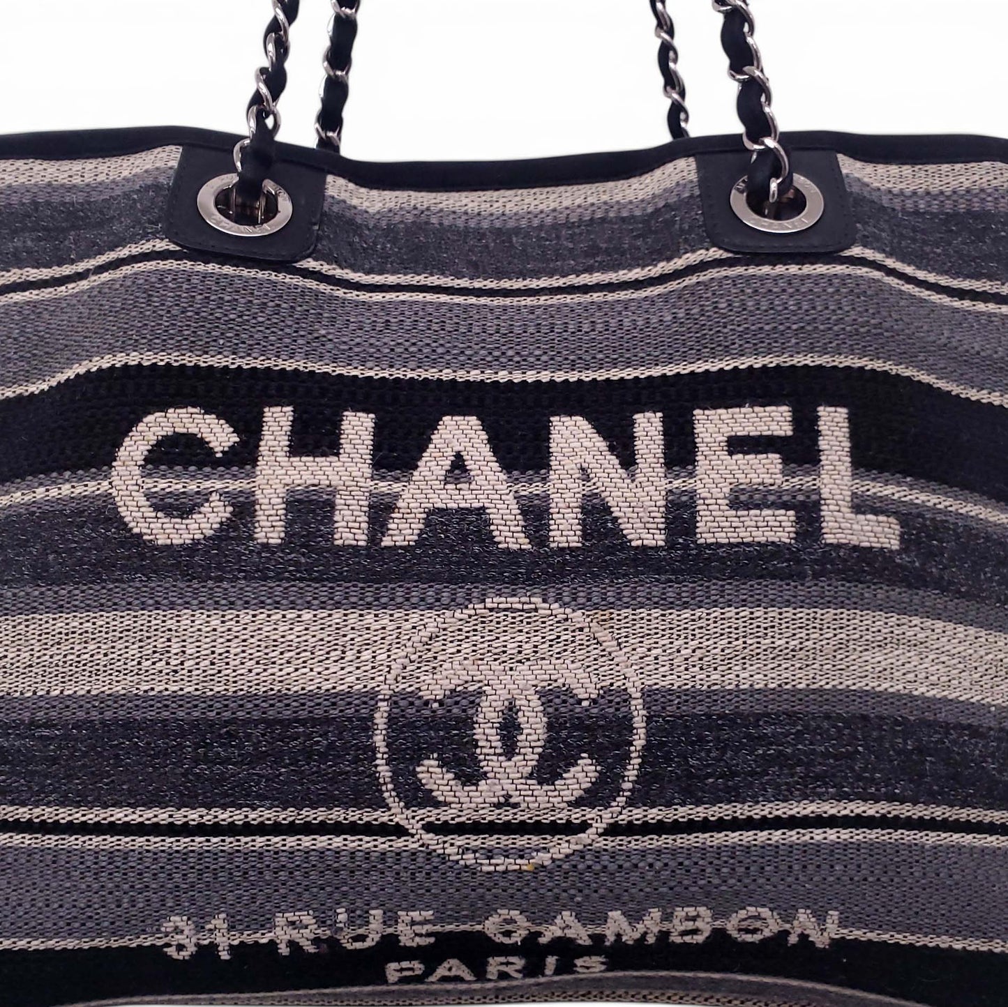 CHANEL SMALL STRIPED PARIS-HAMBURG DEAUVILLE TOTE BAG
