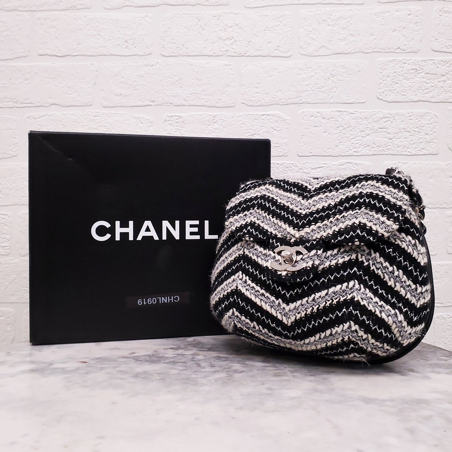 CHANEL TWEED CHEVRON TOP HANDLE FLAP BAG