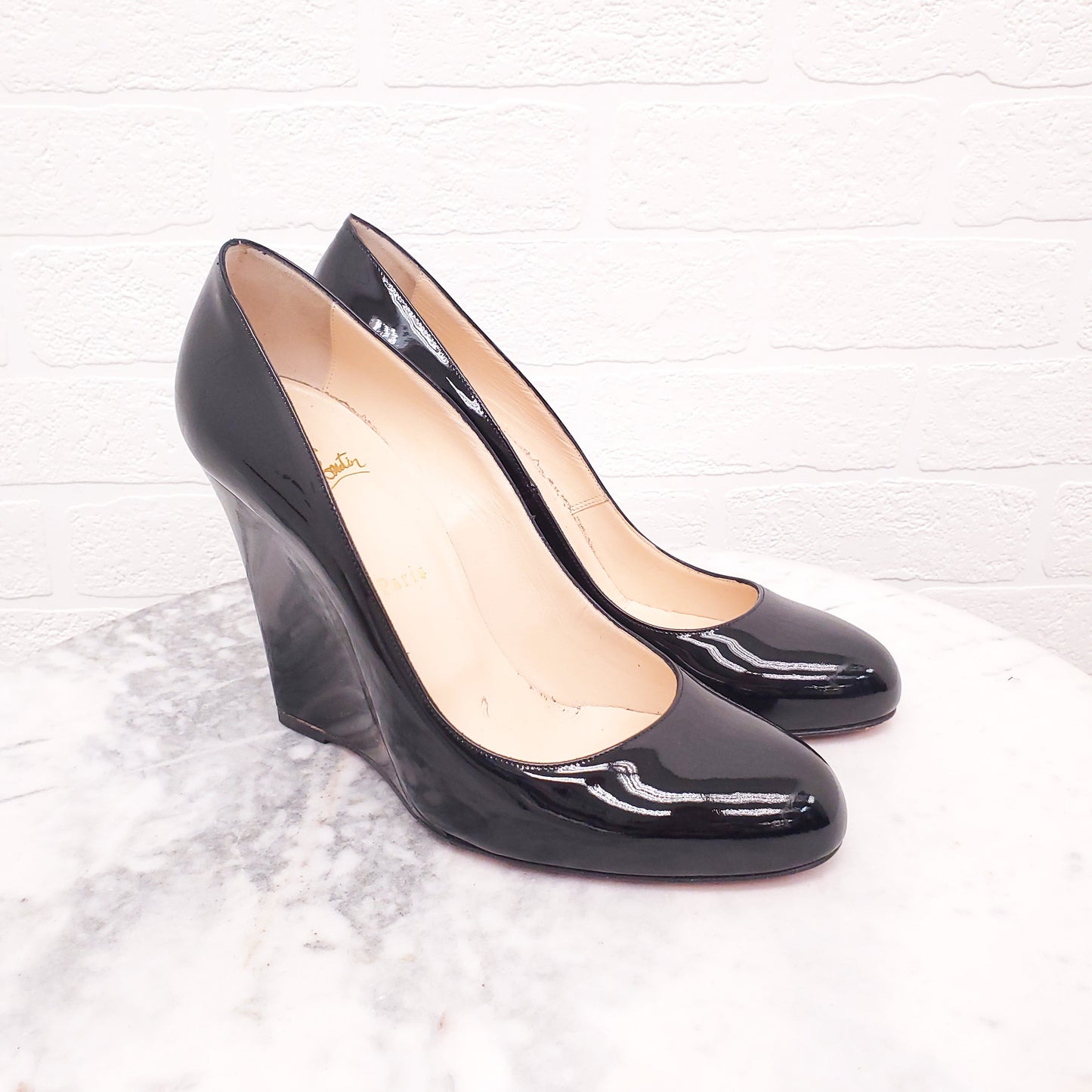 CHRISTIAN LOUBOUTIN BLACK PATENT WEDGES - SIZE 41