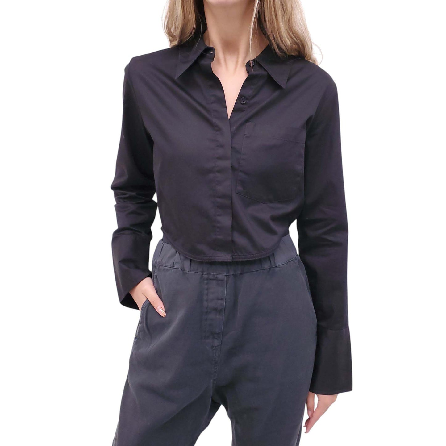 CITIZENS OF HUMANITY BLACK LONG-SLEEVE COTTON BLOUSE - SIZE S