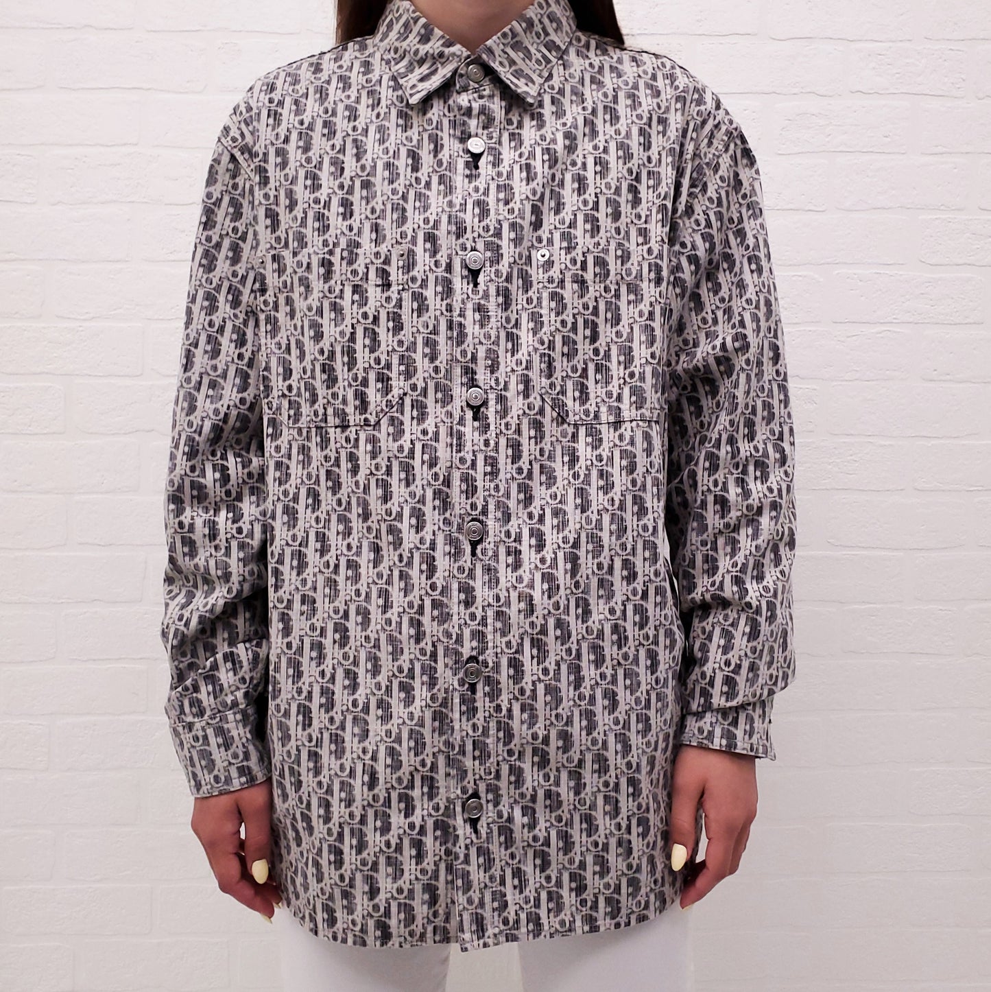 DIOR GREY UNISEX DENIM LOGO BUTTON UP SHIRT - SIZE 39/M