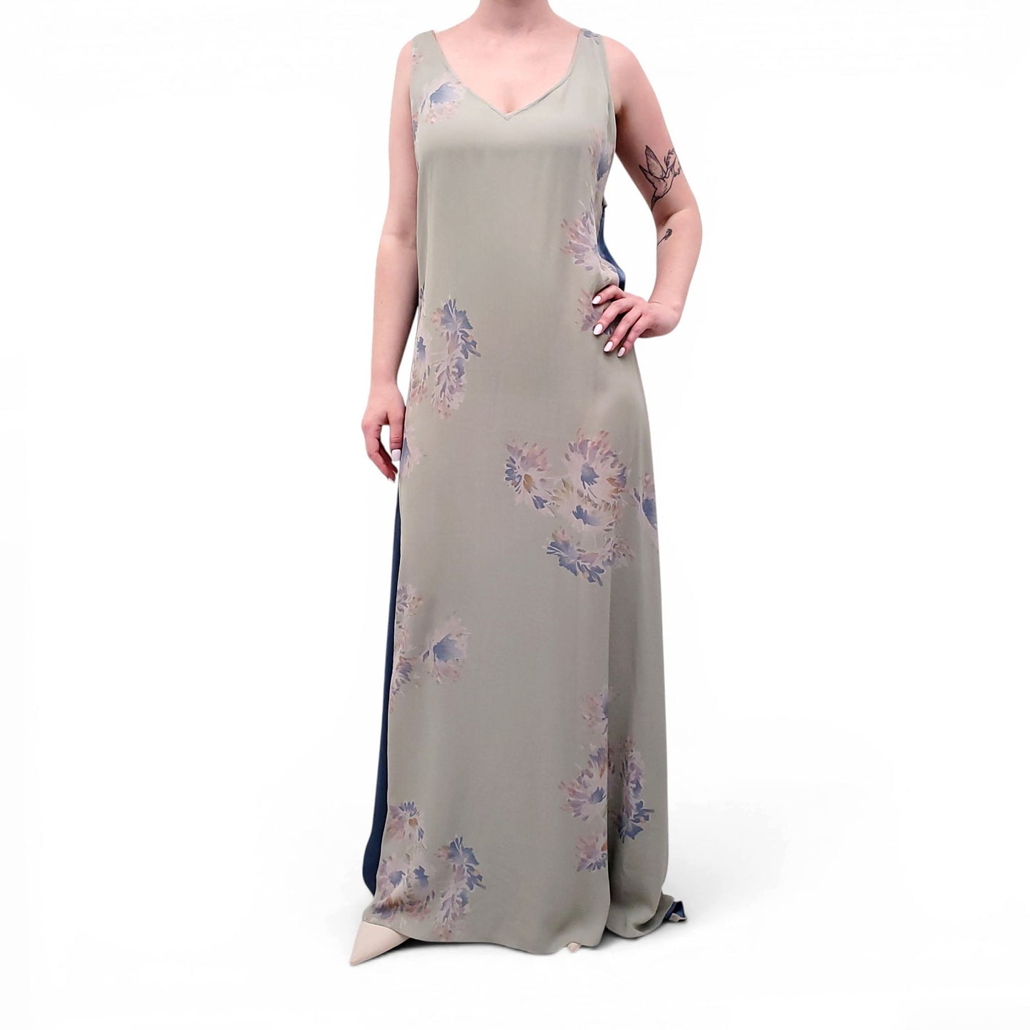 DRIES VAN NOTEN SAGE GREEN FLORAL SILK DRESS - SIZE 40