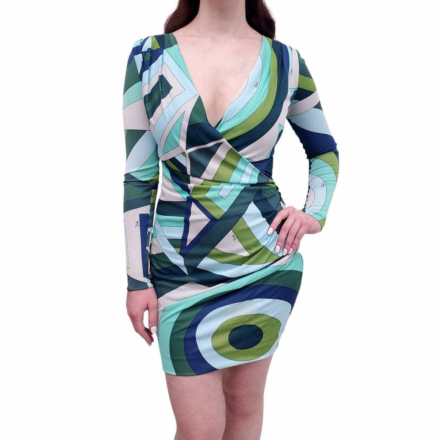 EMILIO PUCCI BLUE AND GREEN PATTERNED DRESS - SIZE 38