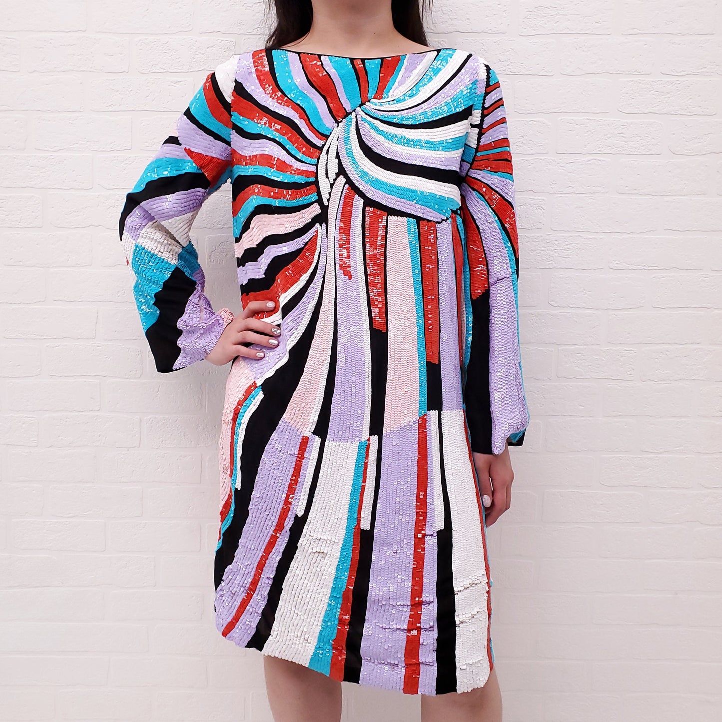 EMILIO PUCCI RUNWAY SEQUIN EMBELLISHED PATTERNED LONG SLEEVE MINI DRESS - SIZE 42