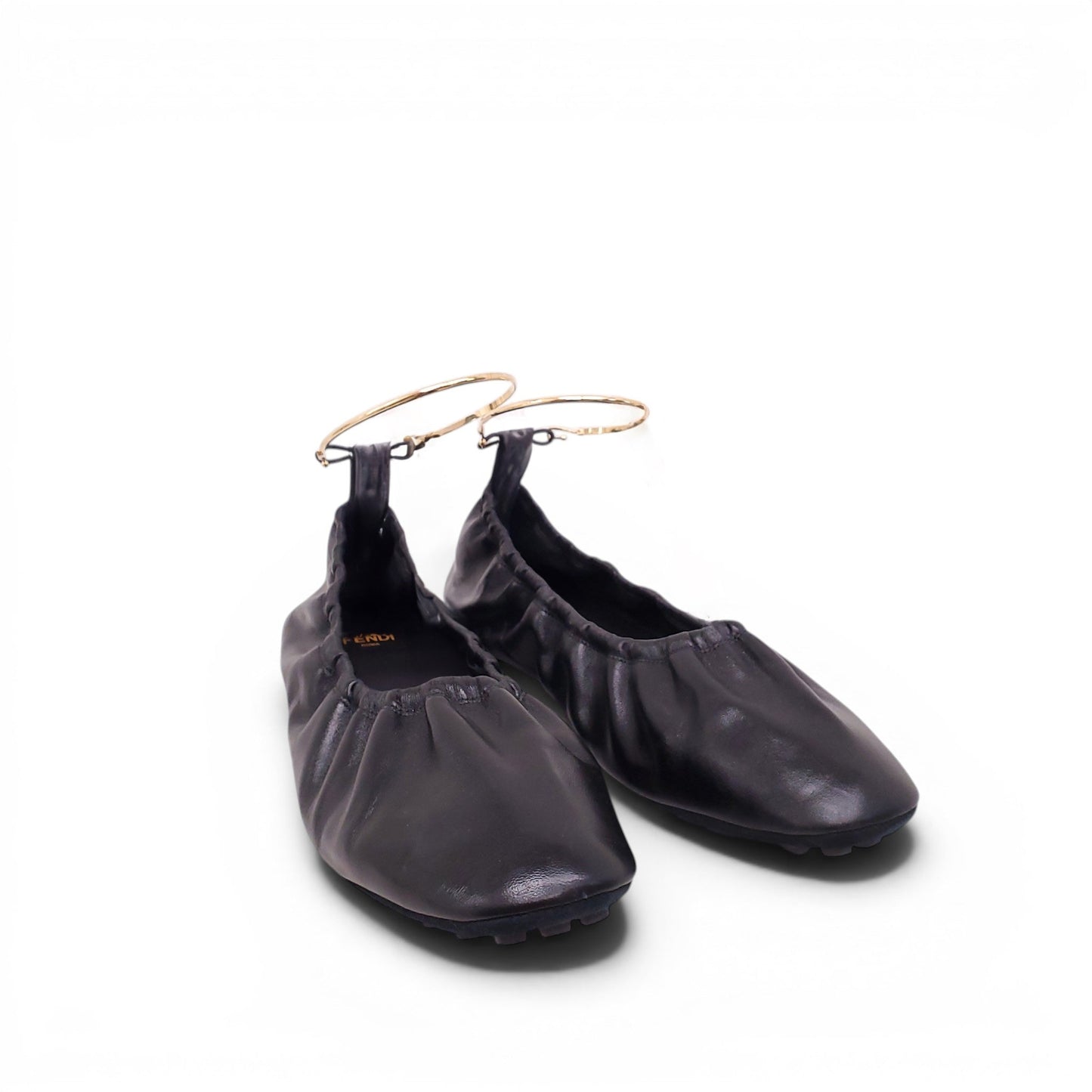 FENDI BLACK LEATHER FLATS WITH GOLD ANKLET DETAIL - SIZE 39