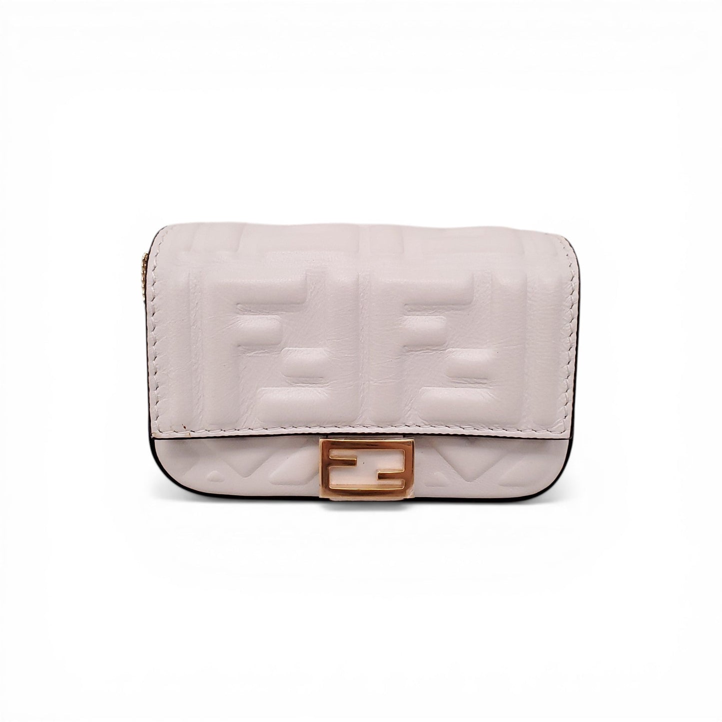 FENDI MINI WHITE NAPPA MATISSE FF EMBOSSED NANO BAGUETTE WITH CHAIN
