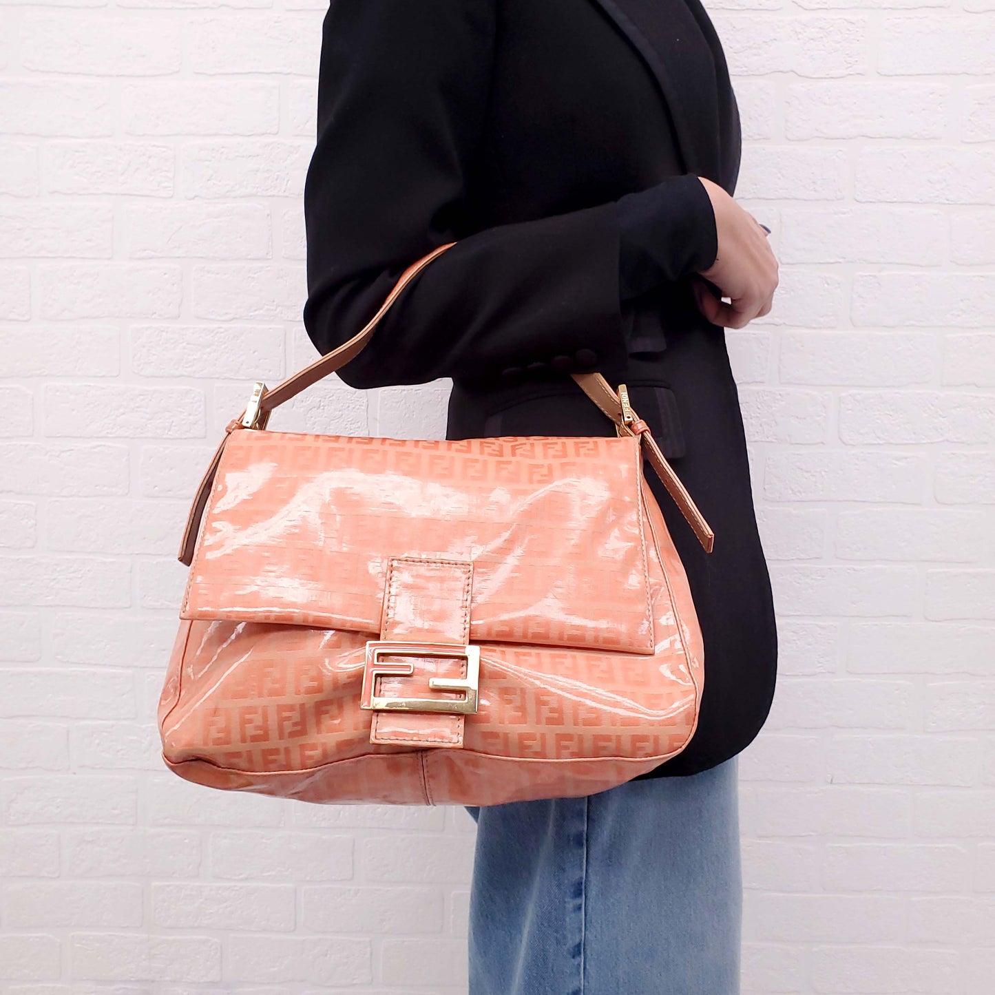 FENDI ORANGE COATED CANVAS 'ZUCCHINO MAMMA BAGUETTE' SHOULDER BAG