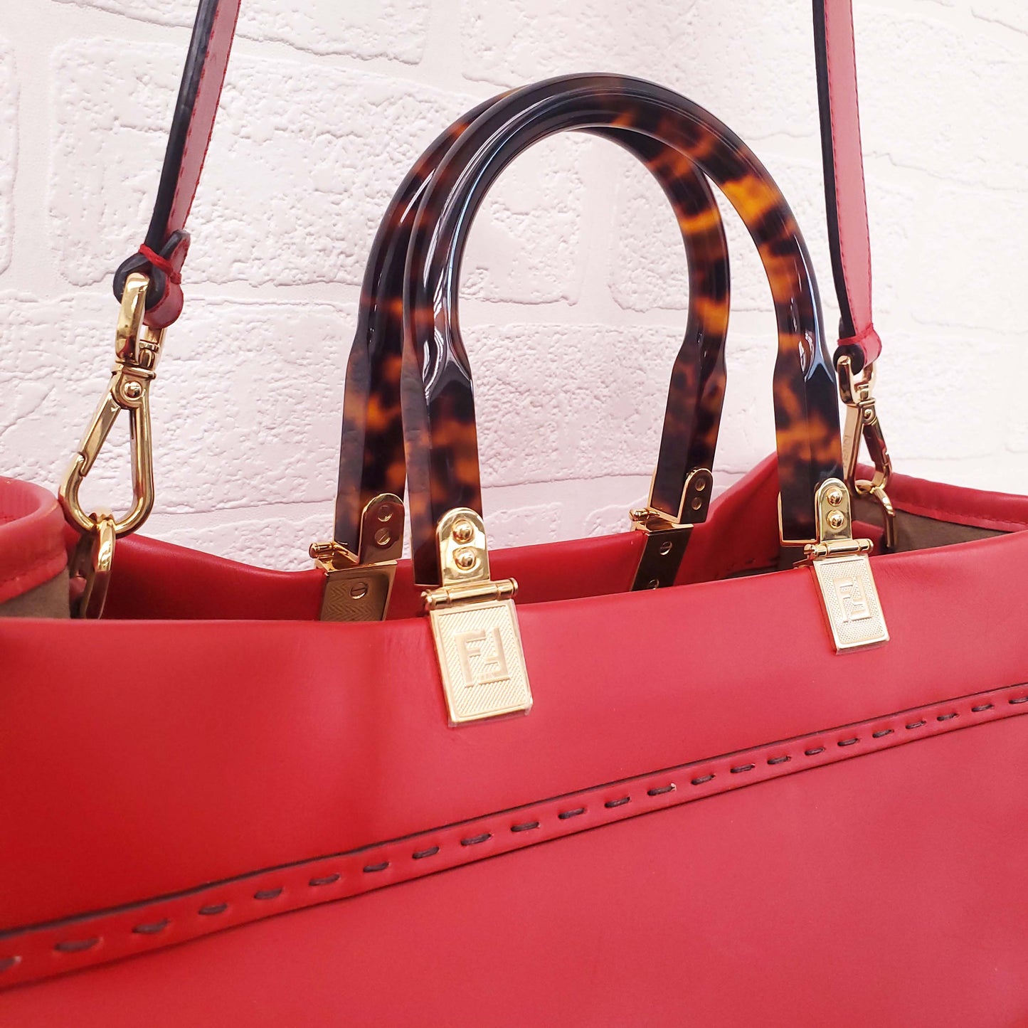 FENDI RED LEATHER 'LARGE SUNSHINE SHOPPER' LOGO TOTE