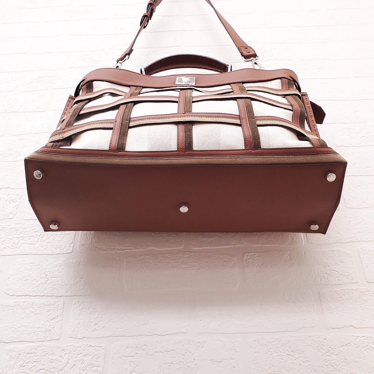 FENDI TAN LEATHER AND CANVAS LARGE 'PANELLED PEEKABOO' BAG