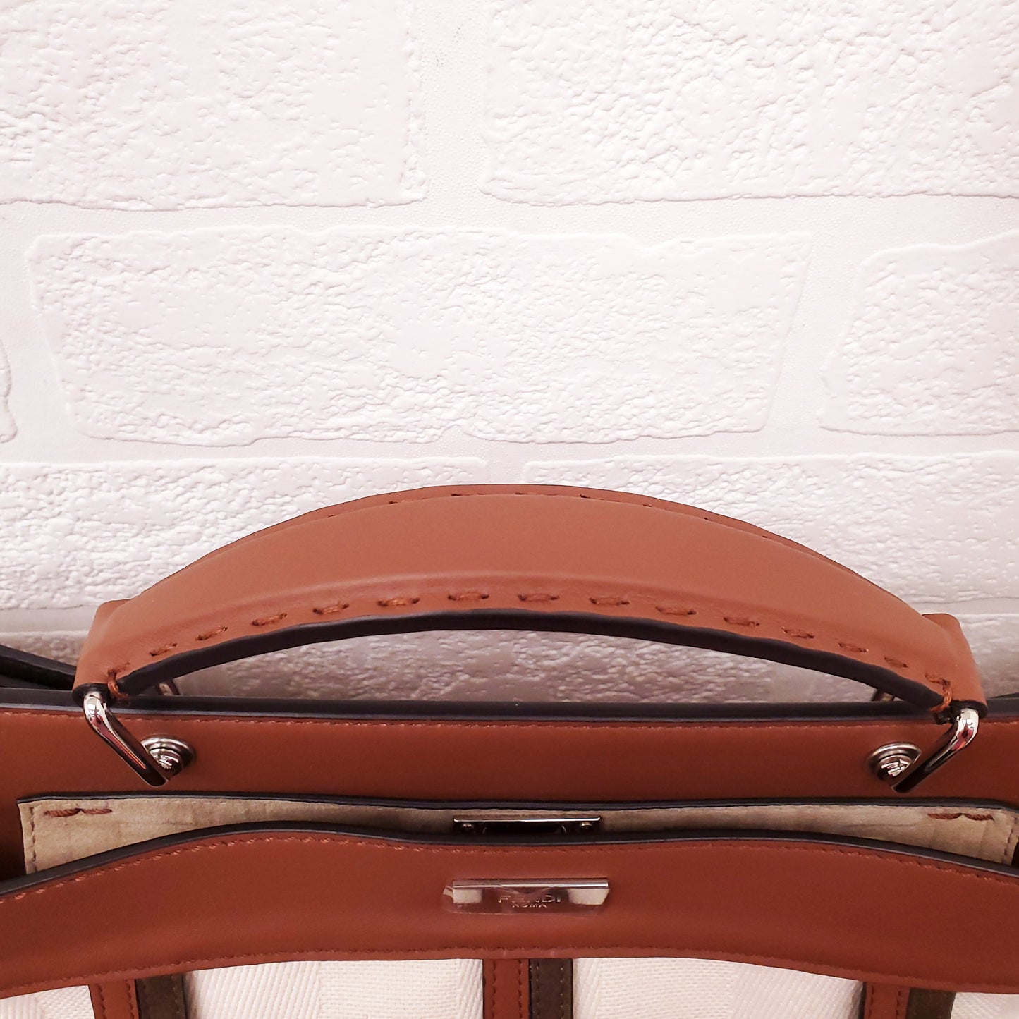 FENDI TAN LEATHER AND CANVAS LARGE 'PANELLED PEEKABOO' BAG