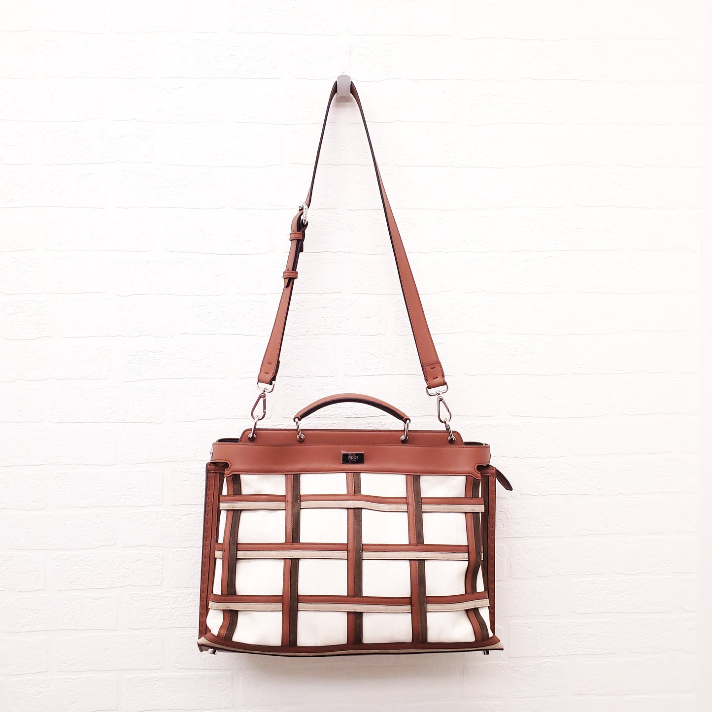FENDI TAN LEATHER AND CANVAS LARGE 'PANELLED PEEKABOO' BAG