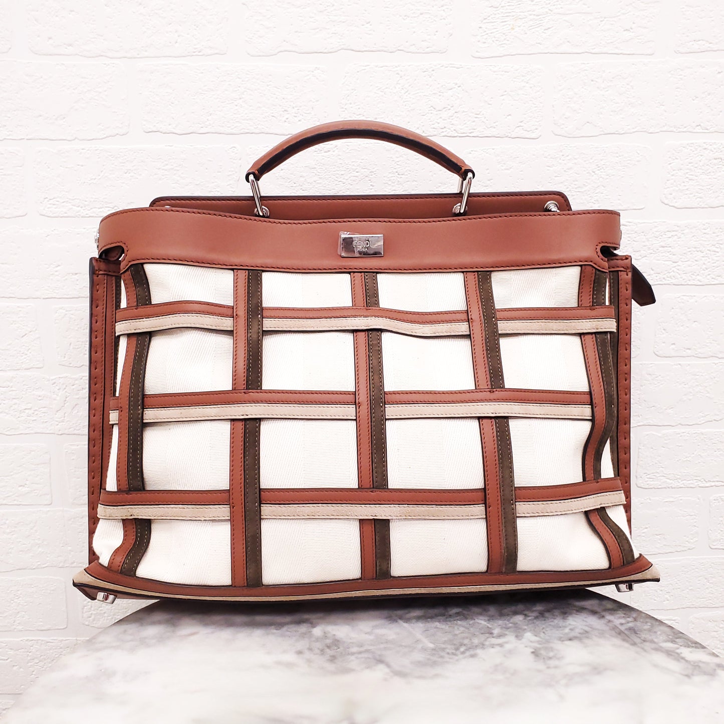 FENDI TAN LEATHER AND CANVAS LARGE 'PANELLED PEEKABOO' BAG