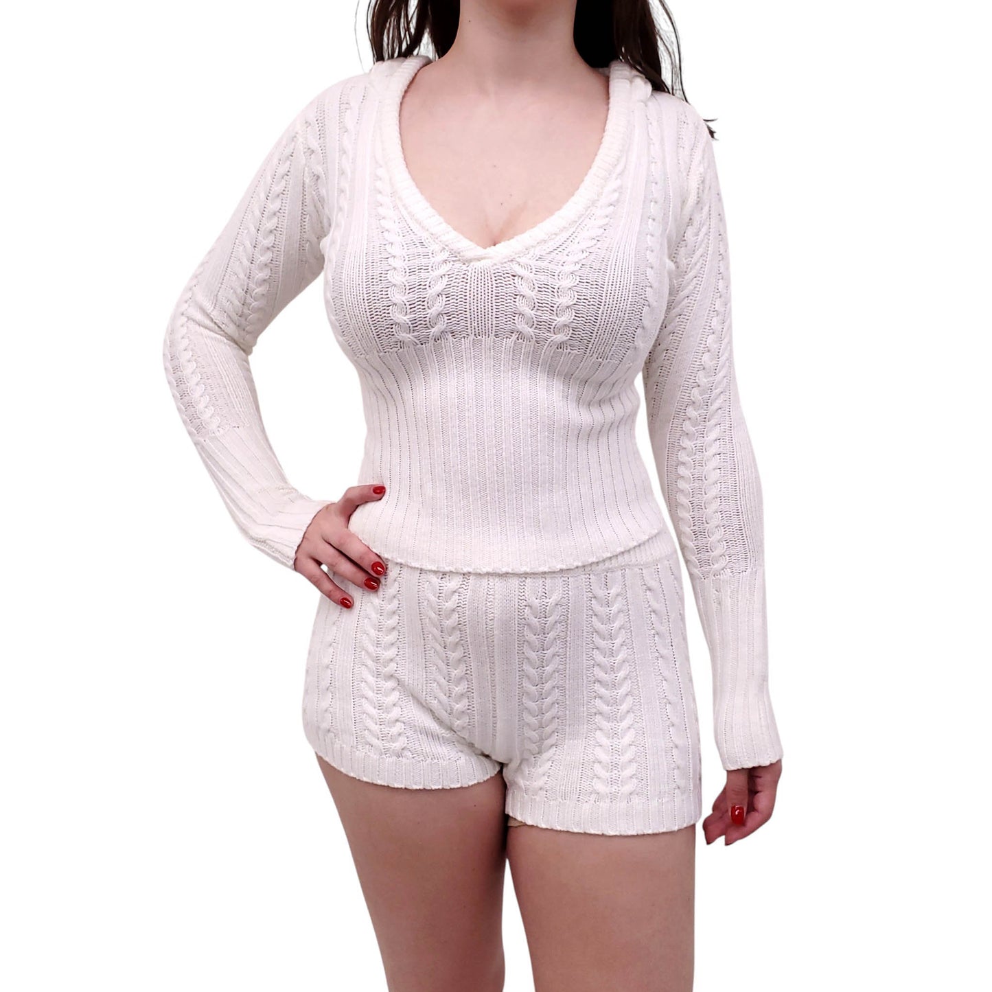 FRANKIES BIKINIS WHITE CABLEKNIT SHORTS SET - SIZE XS/L