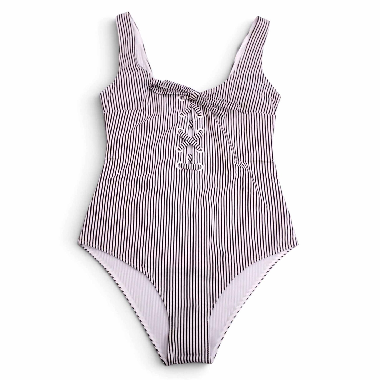 GANNI BROWN AND WHITE STRIPED ONE-PIECE SWIMSUIT WITH TIE DETAIL - SIZE 36