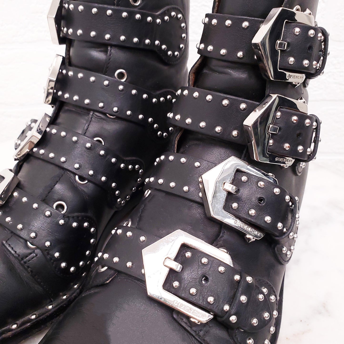 GIVENCHY BLACK STUDDED BUCKLE BOOTS - SIZE 35.5