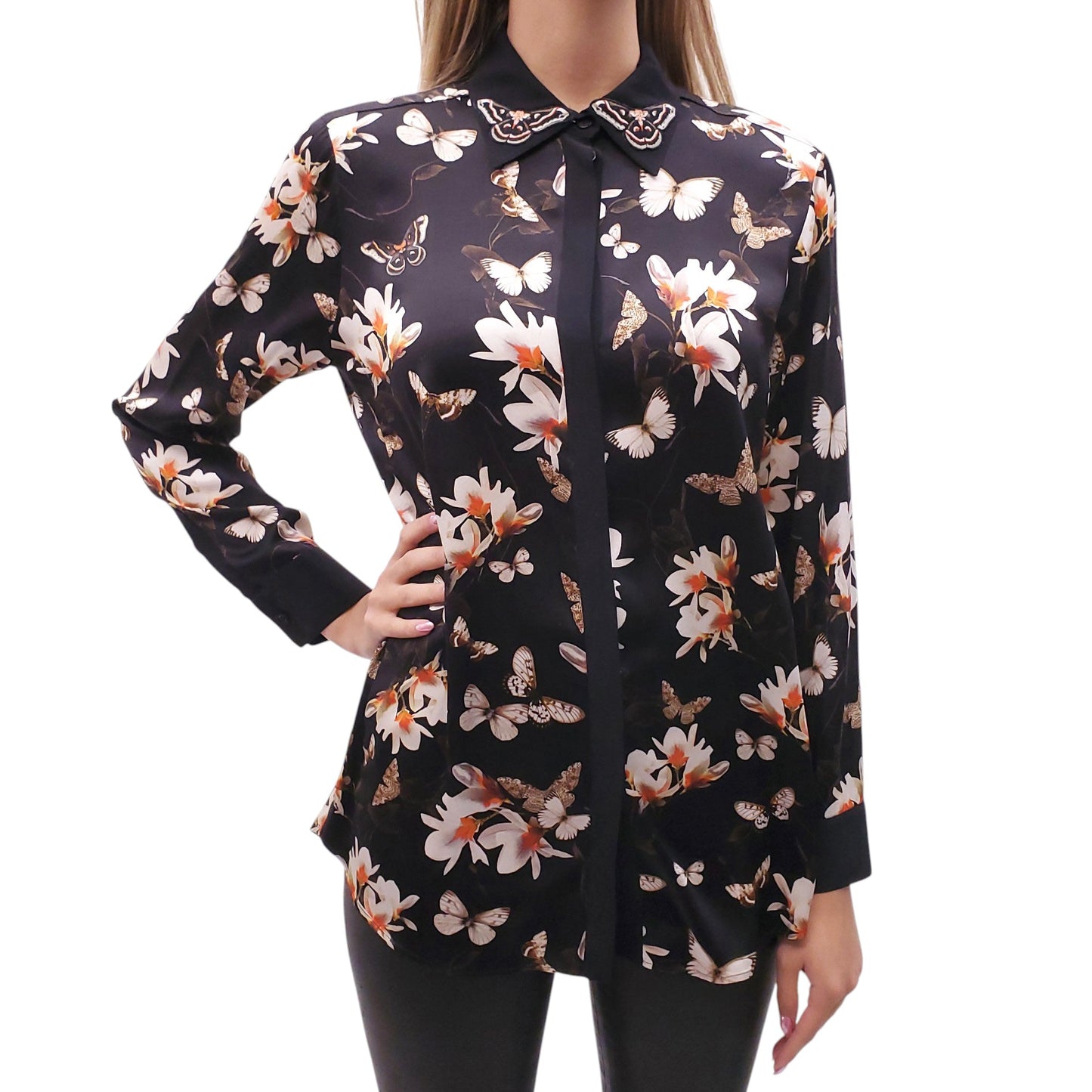 GIVENCHY BUTTERFLY PATTERNED FLORAL SILK BLOUSE - SIZE 40