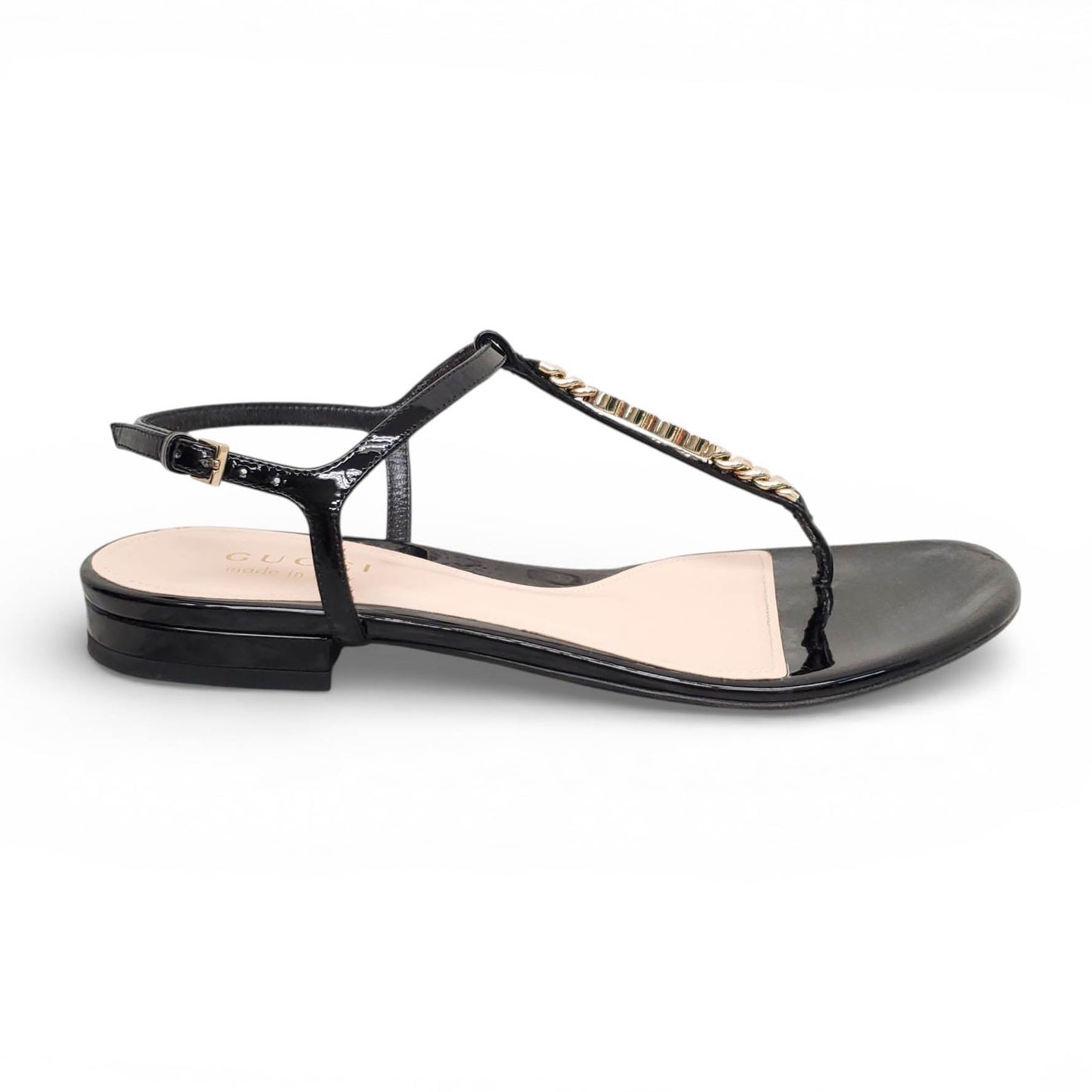 GUCCI BLACK PATENT CHAIN LOGO SANDALS - SIZE 35.5