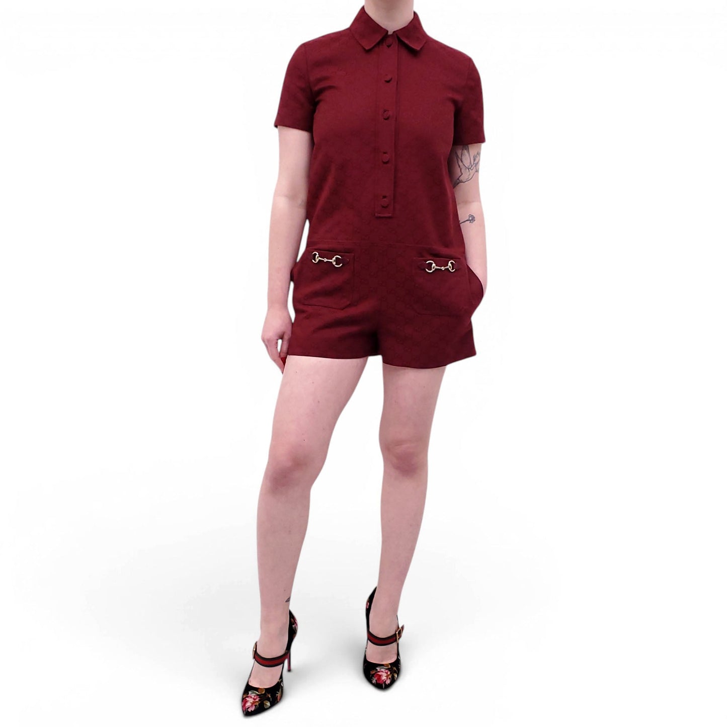 GUCCI BURGUNDY MONOGRAM ROMPER WITH HORSEBIT DETAIL - SIZE 38