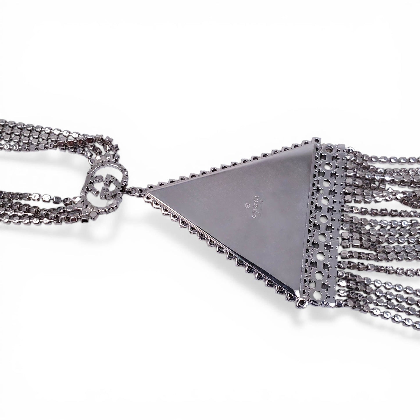 GUCCI CRYSTAL LOGO TRAINGLE FRINGE NECKLACE