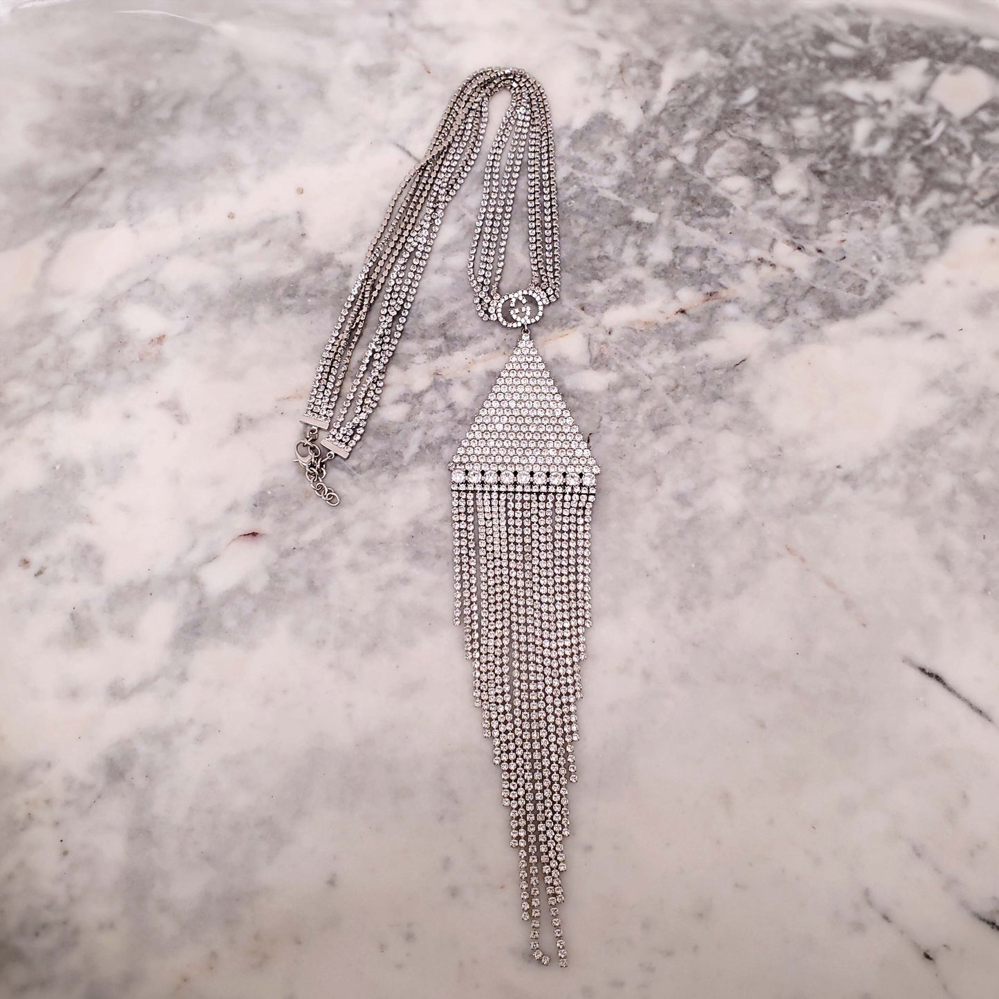 GUCCI CRYSTAL LOGO TRIANGLE FRINGE NECKLACE