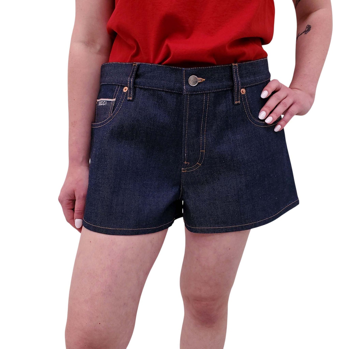 GUCCI DARK WASH DENIM SHORTS WITH LOGO - SIZE 28