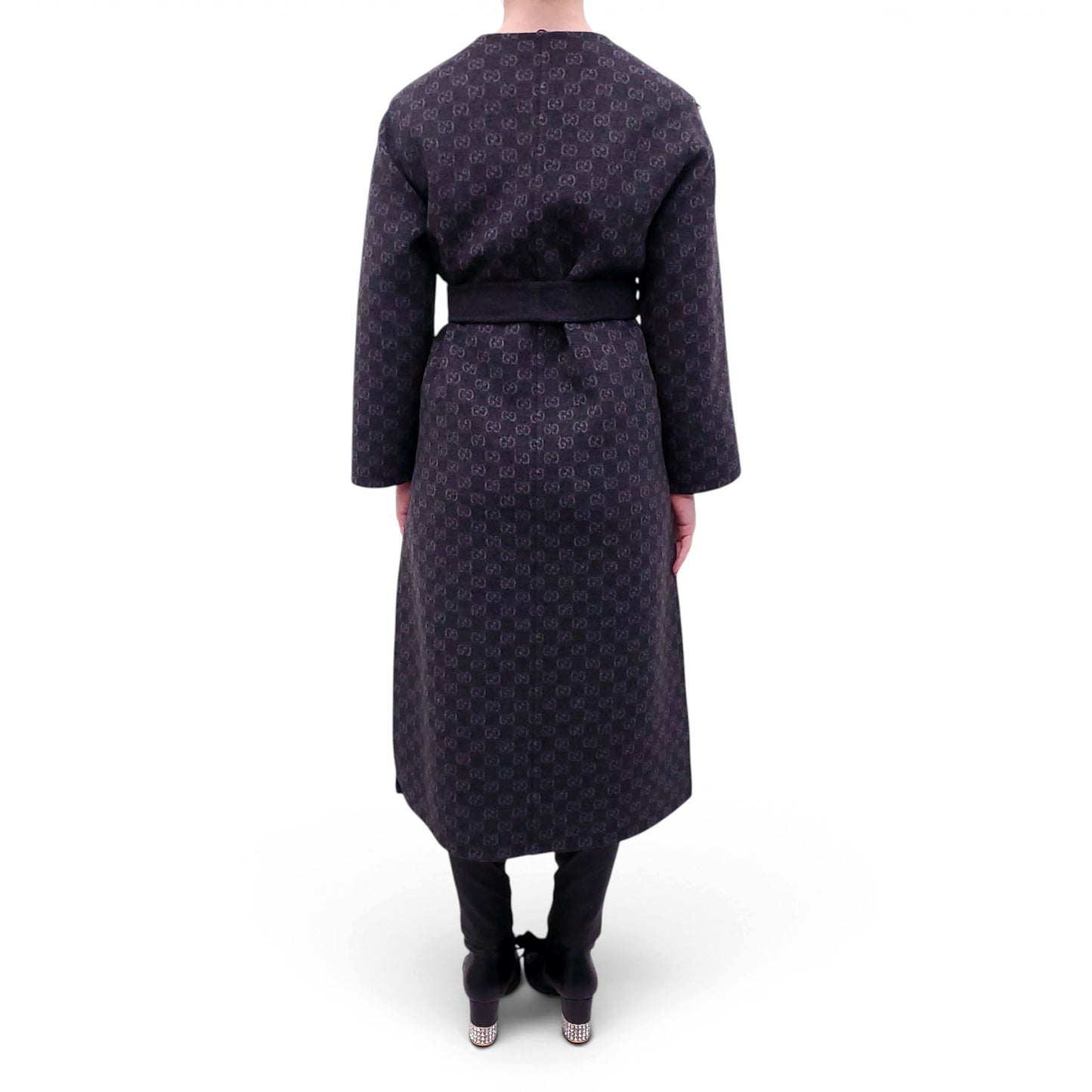 GUCCI GREY REVERSIBLE WOOL BLEND GG LOGO COAT WITH BELT - SIZE 36