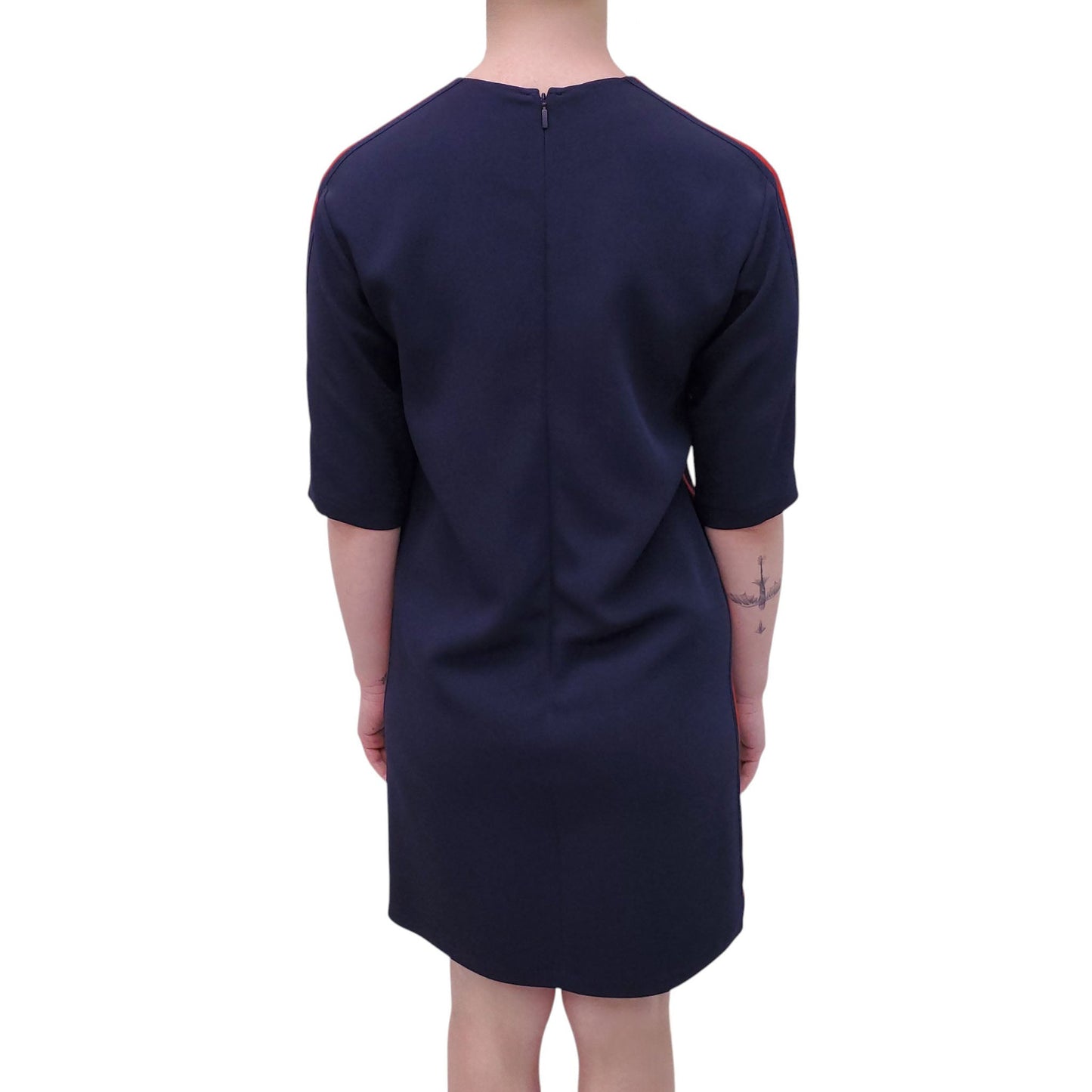 GUCCI NAVY SHORT SLEEVE DRESS WITH WEB DETAIL - SIZE 38