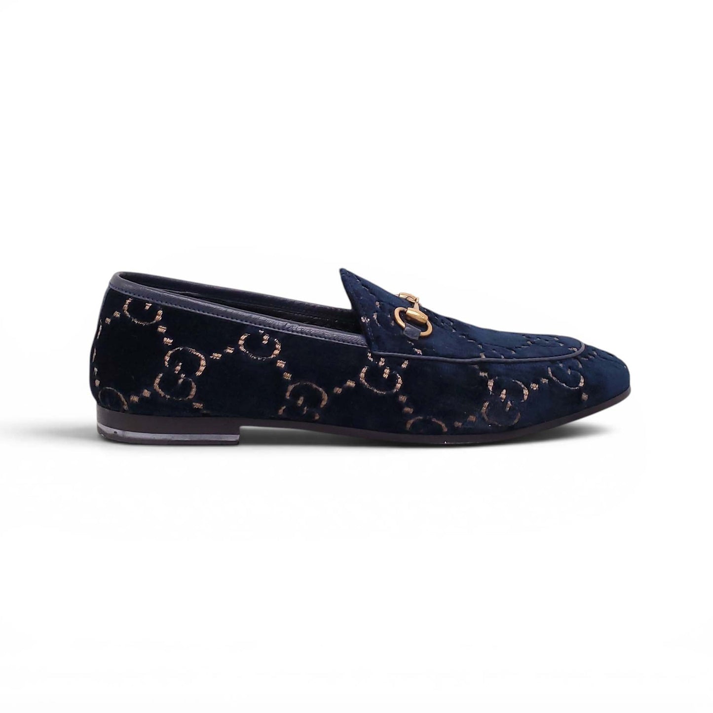 GUCCI NAVY VELVET GG MONOGRAM LOAFERS - SIZE 38.5