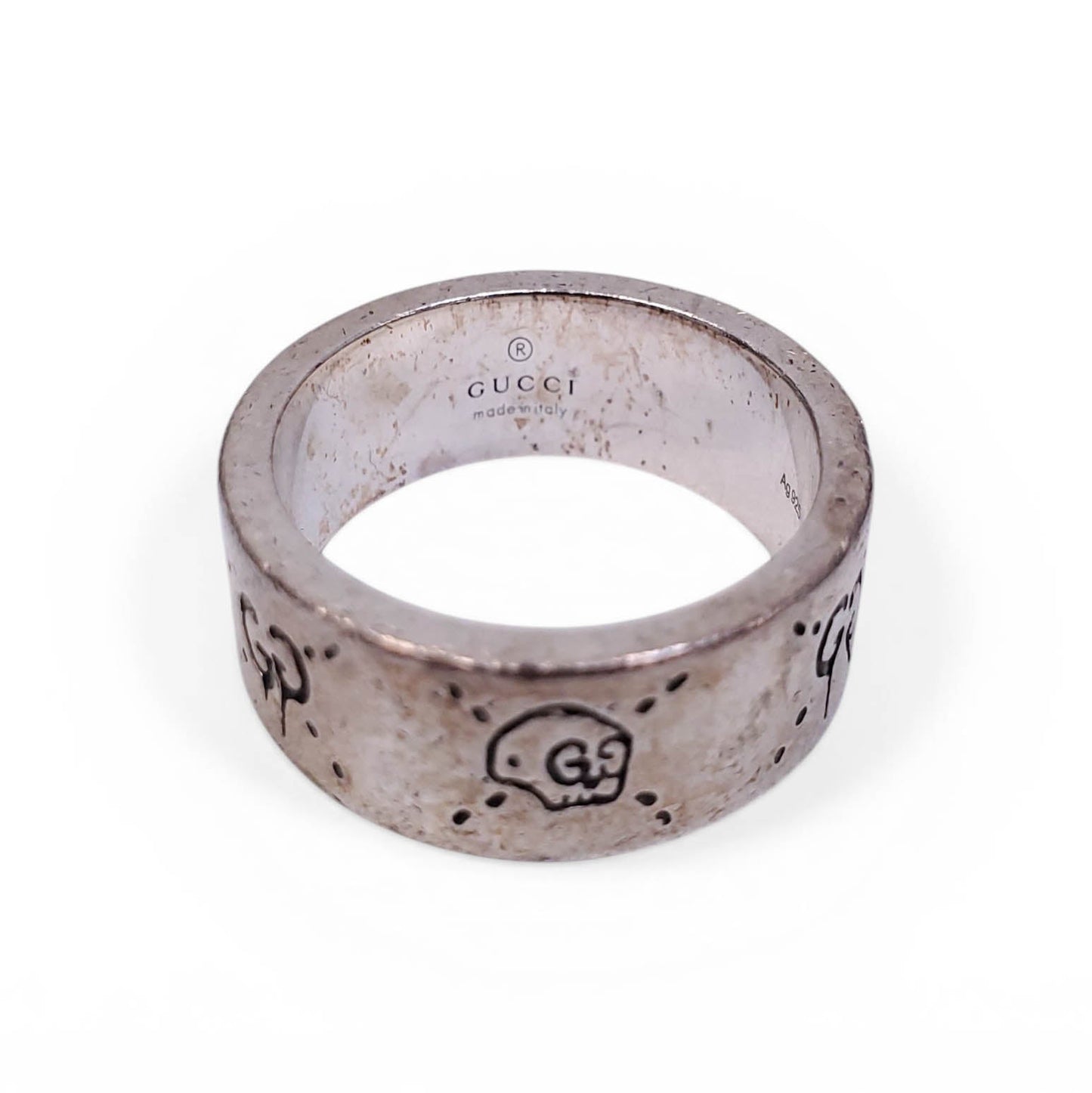 GUCCI STERLING SILVER SKULL LOGO RING - SIZE 9.5