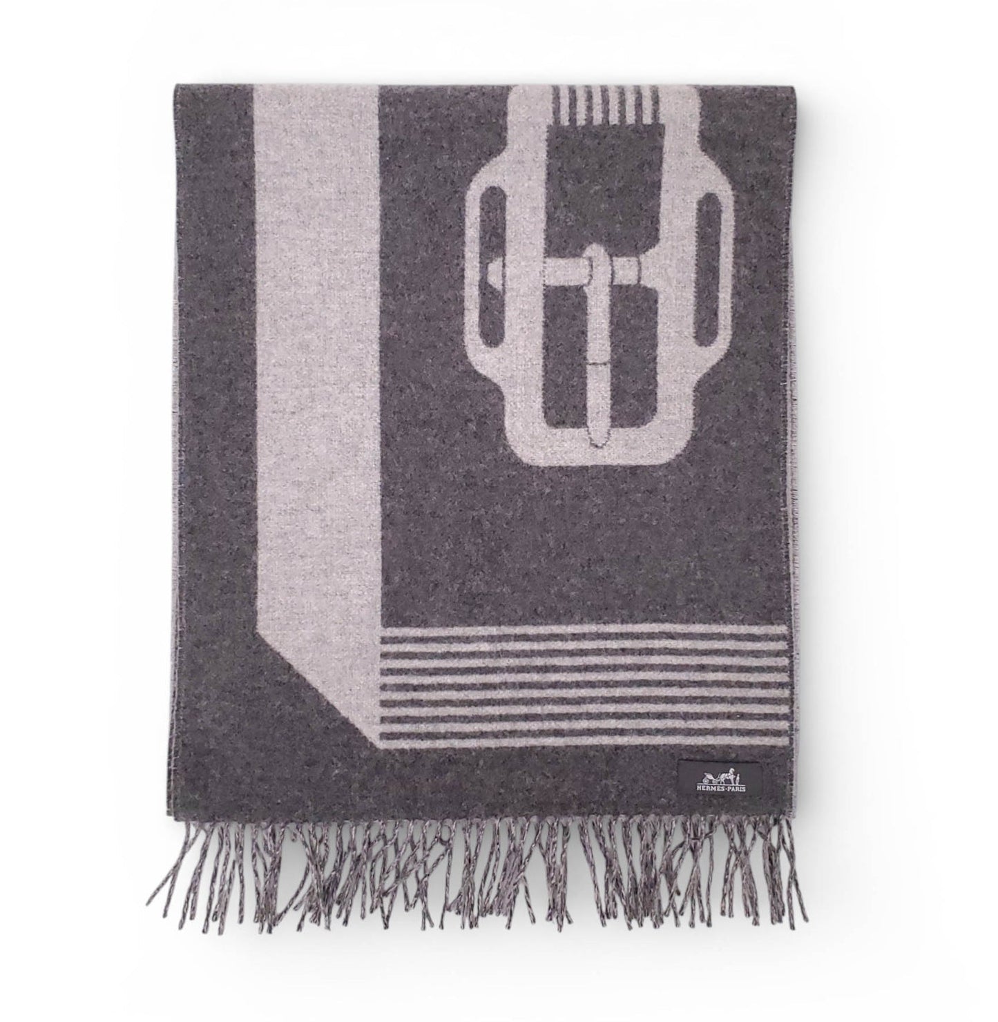 HERMÈS GREY DOUBLE SIDED BELT PRINT CASHMERE SCARF