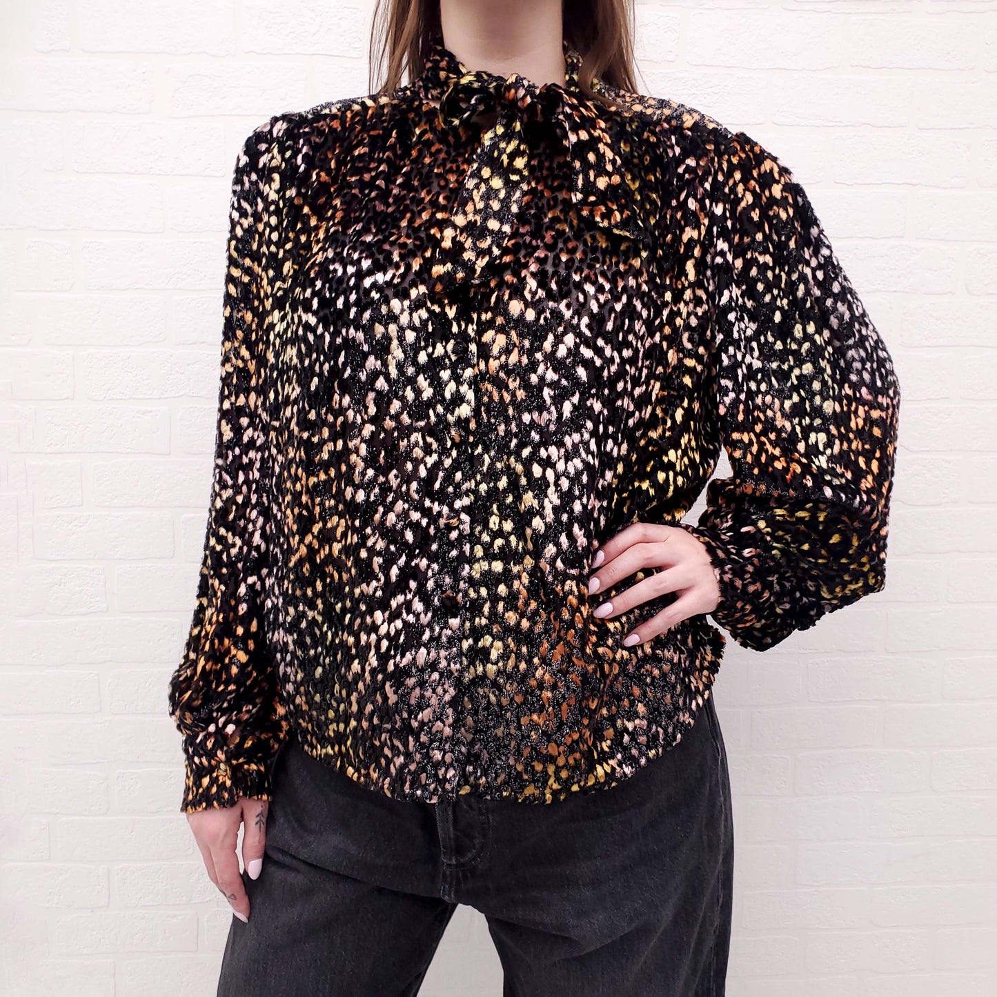 IRO BLACK AND RAINBOW LEOPARD BLOUSE WITH TIE - SIZE 40