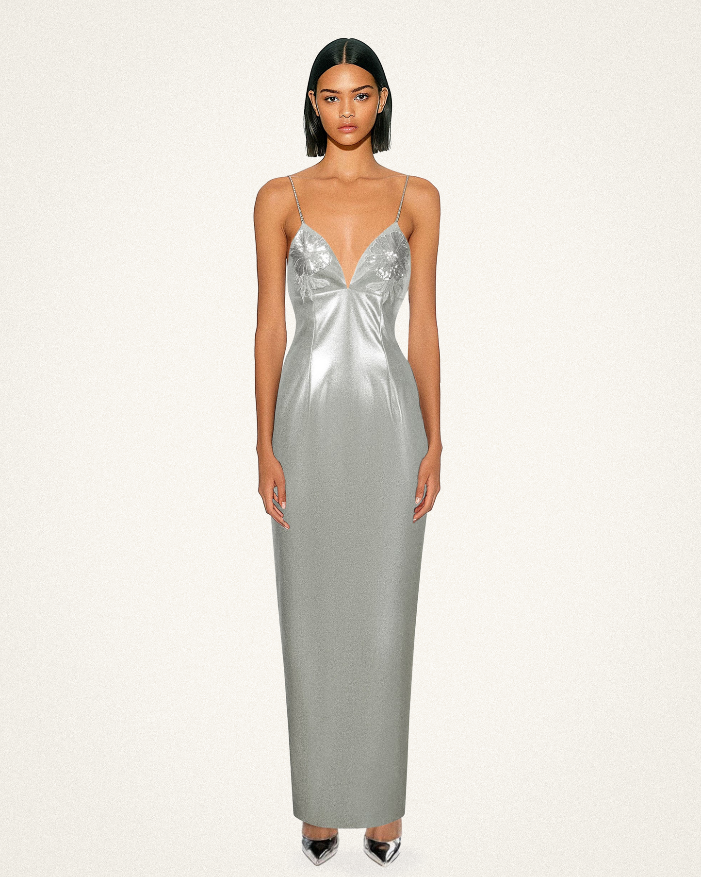 Ayliua Sweetheart-Neckline Rhinestones Embellished Silver Long Dress - Silver