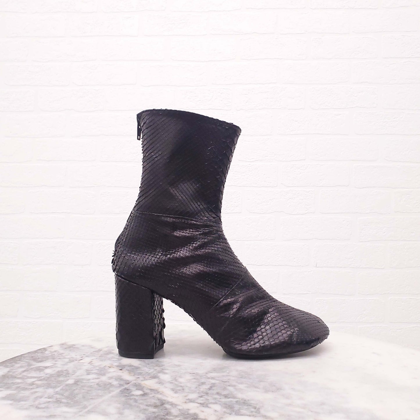 JUNYA WATANABE X COMMES DES GARÇONS BLACK SNAKESKIN EFFECT BOOTIES - SIZE M/US 9.5