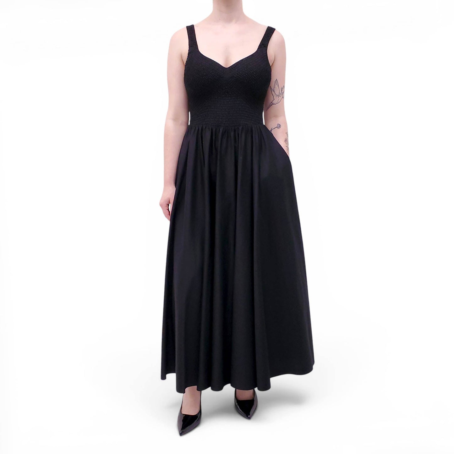 LA LIGNE BLACK COTTON DRESS WITH RUCHED DETAIL - SIZE L