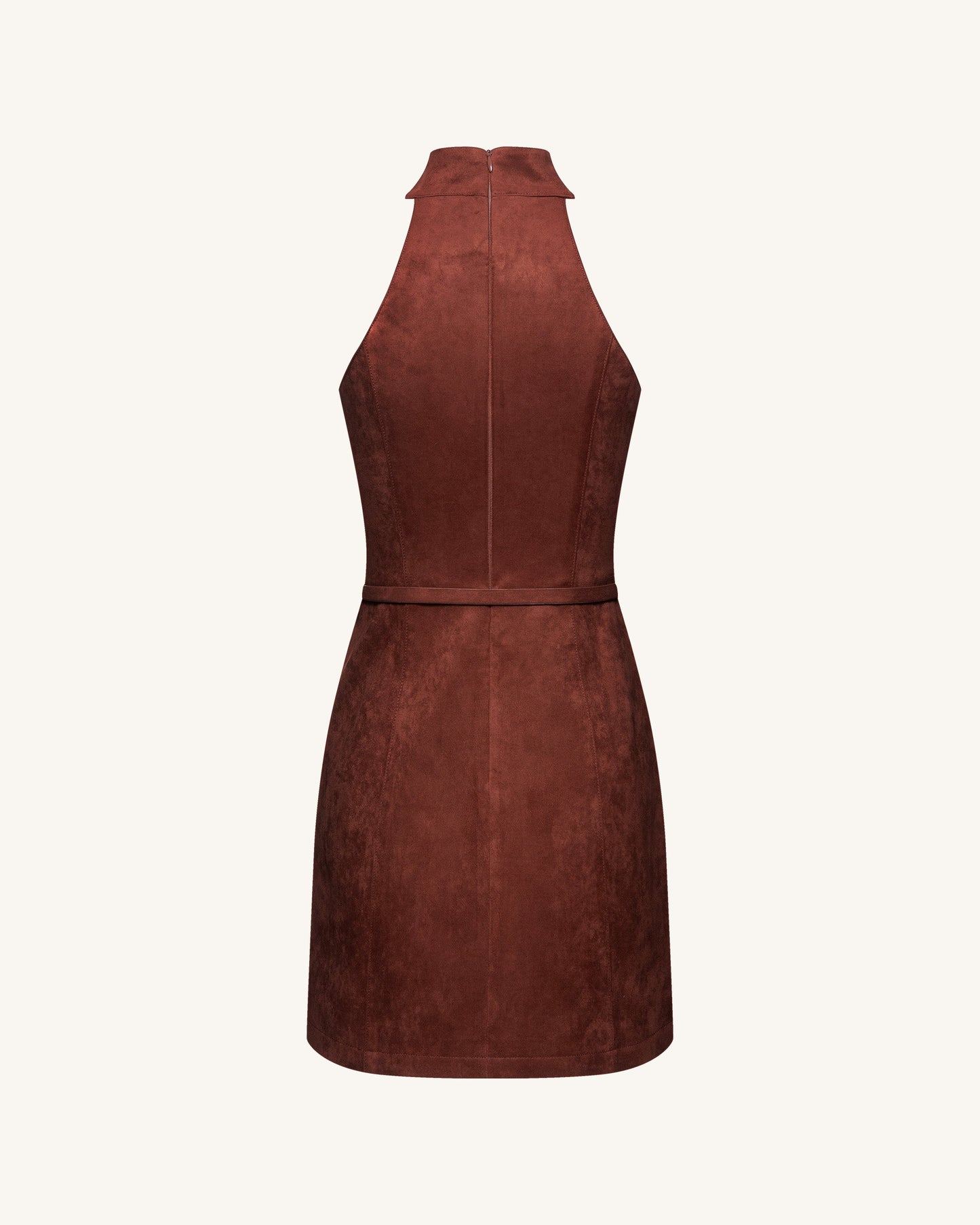 Faux Suede Halter Neck Zip-Front Mini Dress - Burgundy