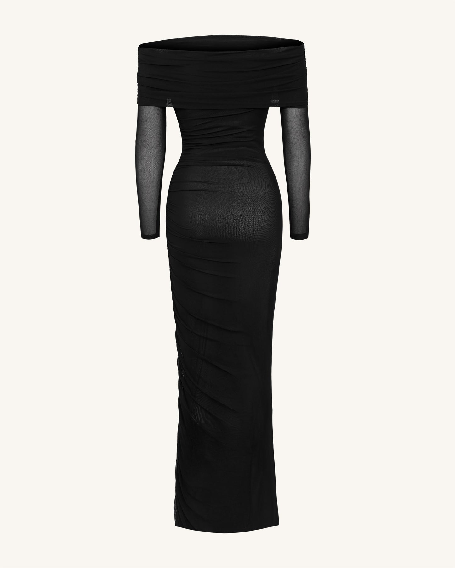 Ruched Off-Shoulder Mesh-Sleeve Mermaid Maxi Dress - Black