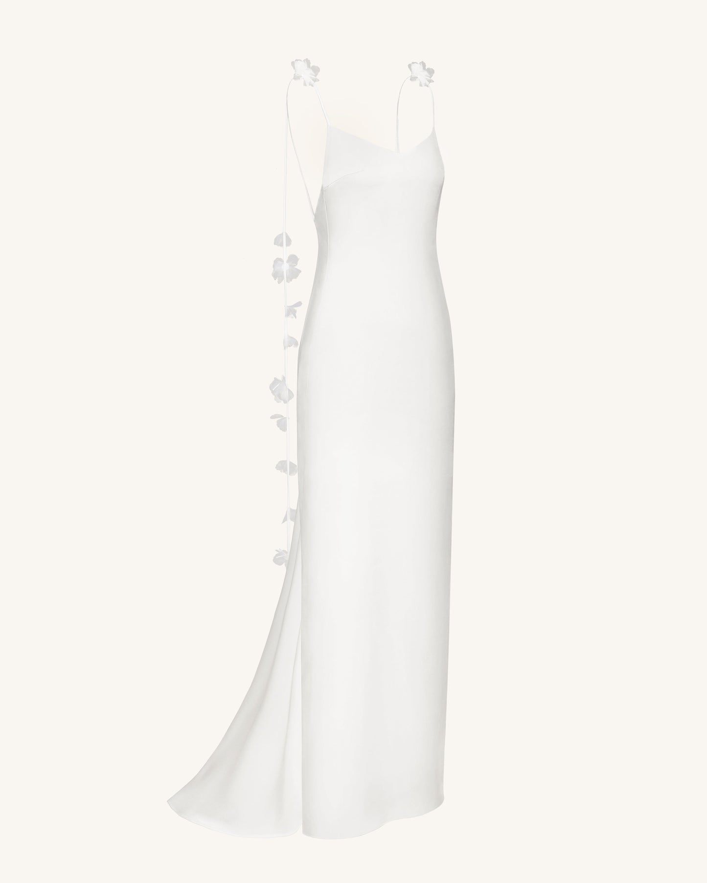 Satin Strappy Maxi Dress with Floral Streamers - White