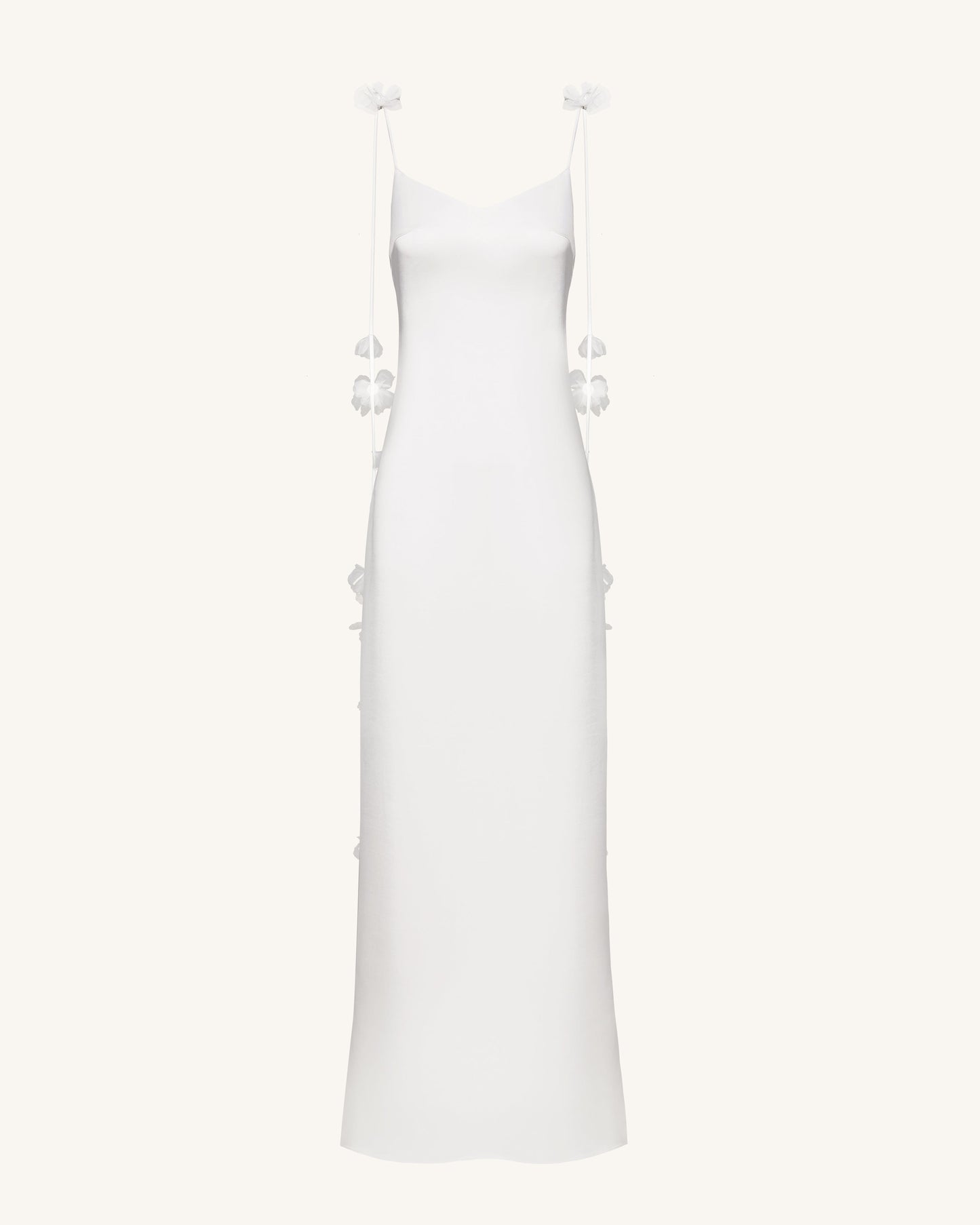 Satin Strappy Maxi Dress with Floral Streamers - White